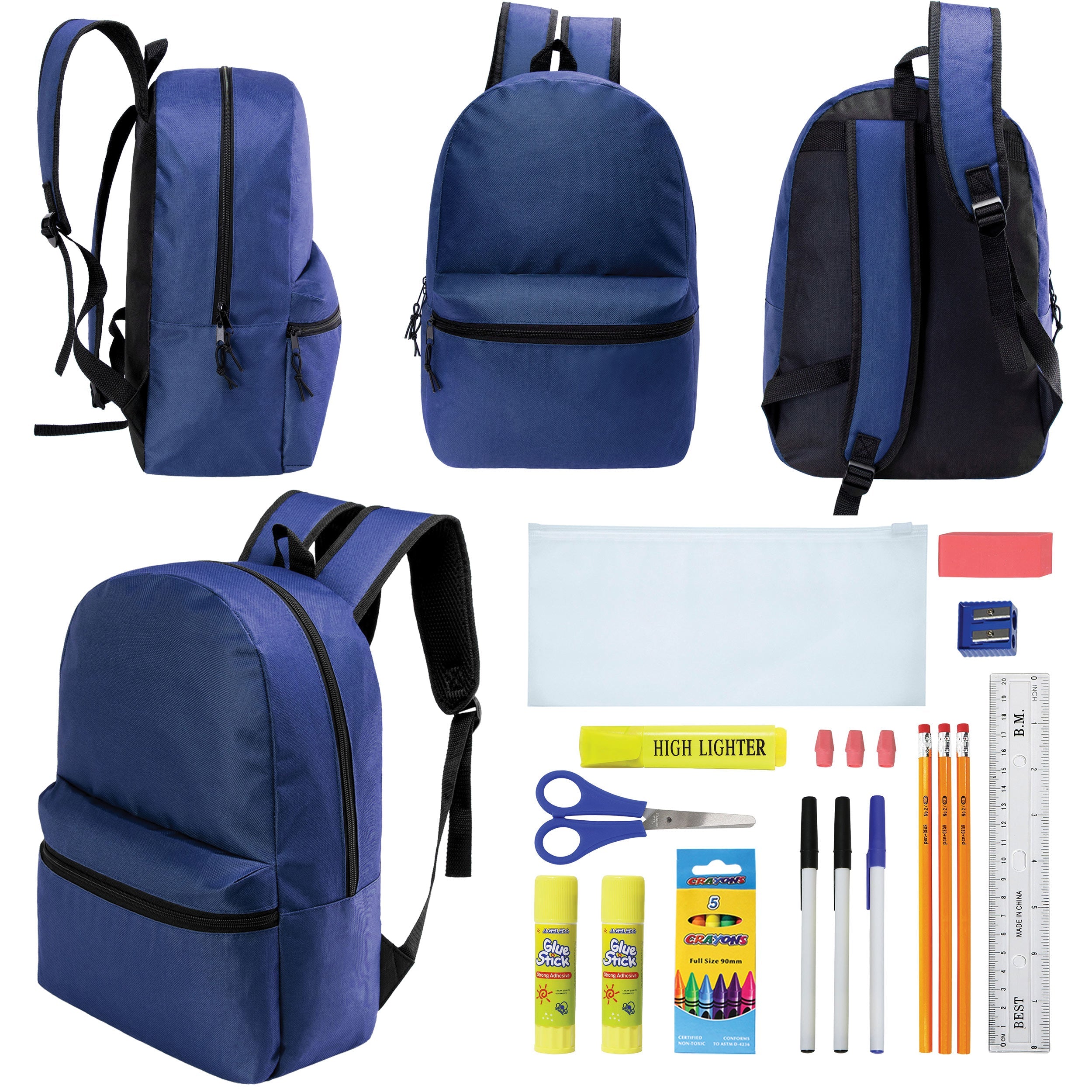12 Wholesale 17" Basic Backpacks in Navy Blue & 12 Bulk School Supply Kits of Your Choice