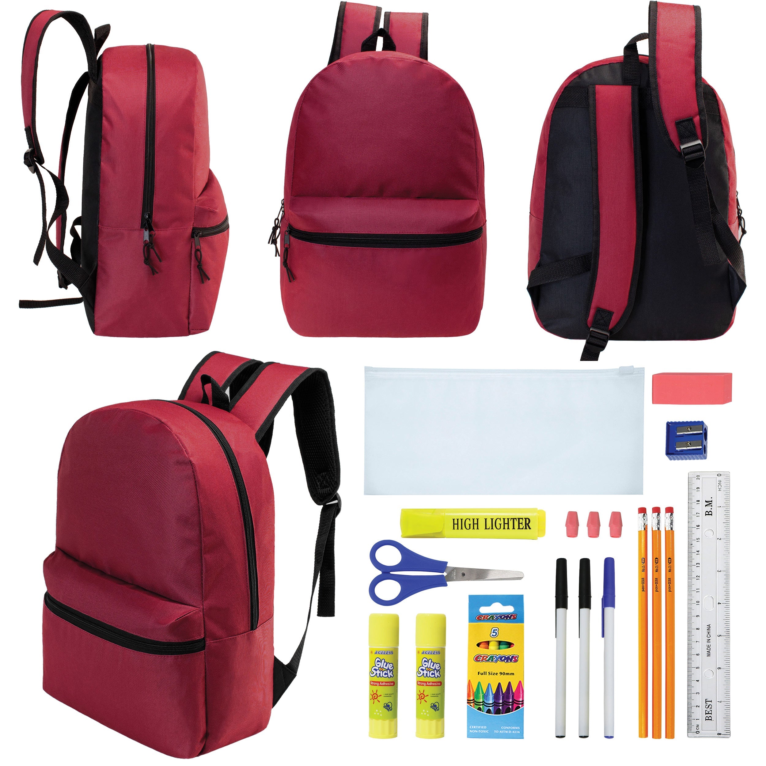 12 Wholesale 17" Basic Backpacks in Burgundy & 12 Bulk School Supply Kits of Your Choice