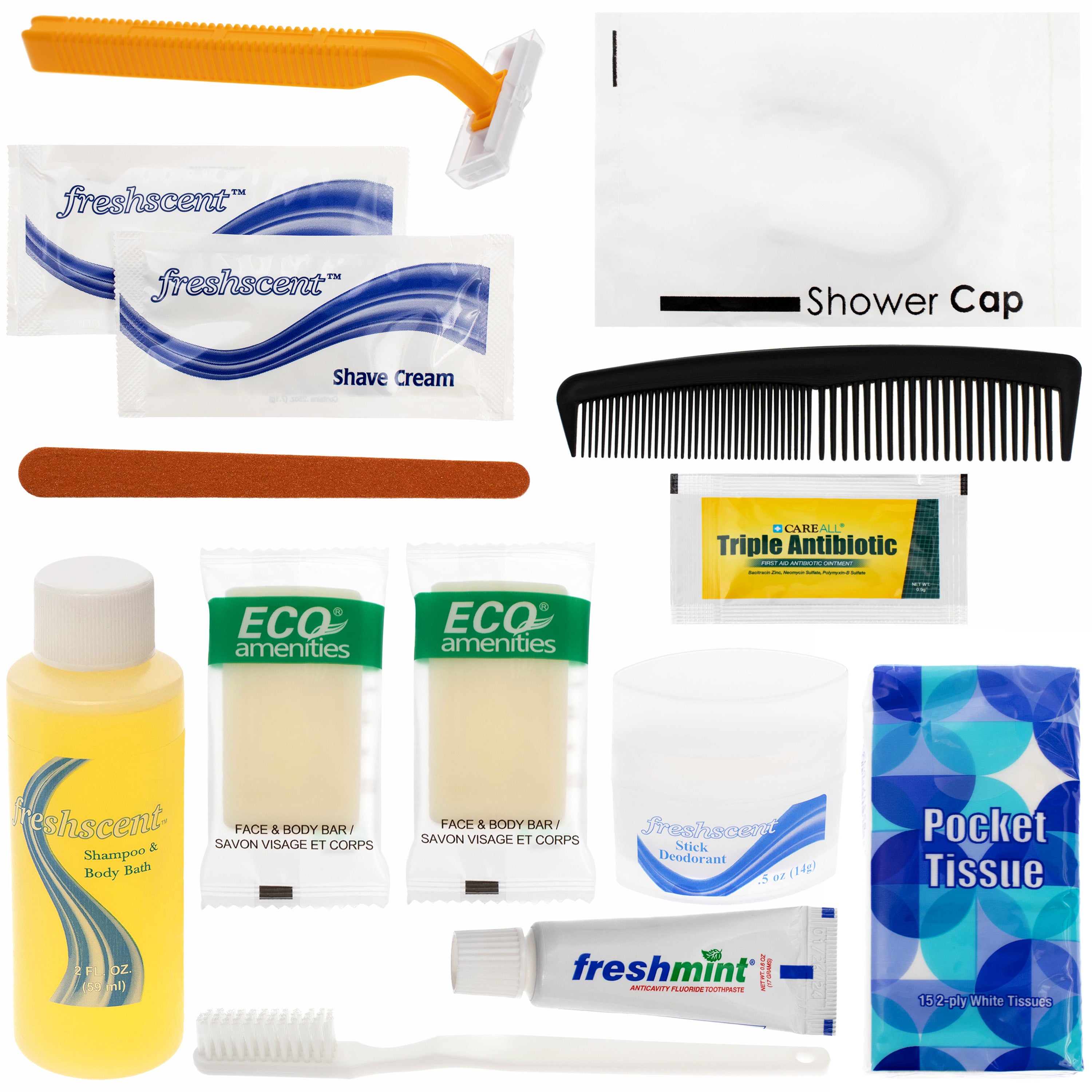 14 Piece Premium Wholesale Hygiene Kits - Travel Toiletry Supplies - Bulk Case of 48