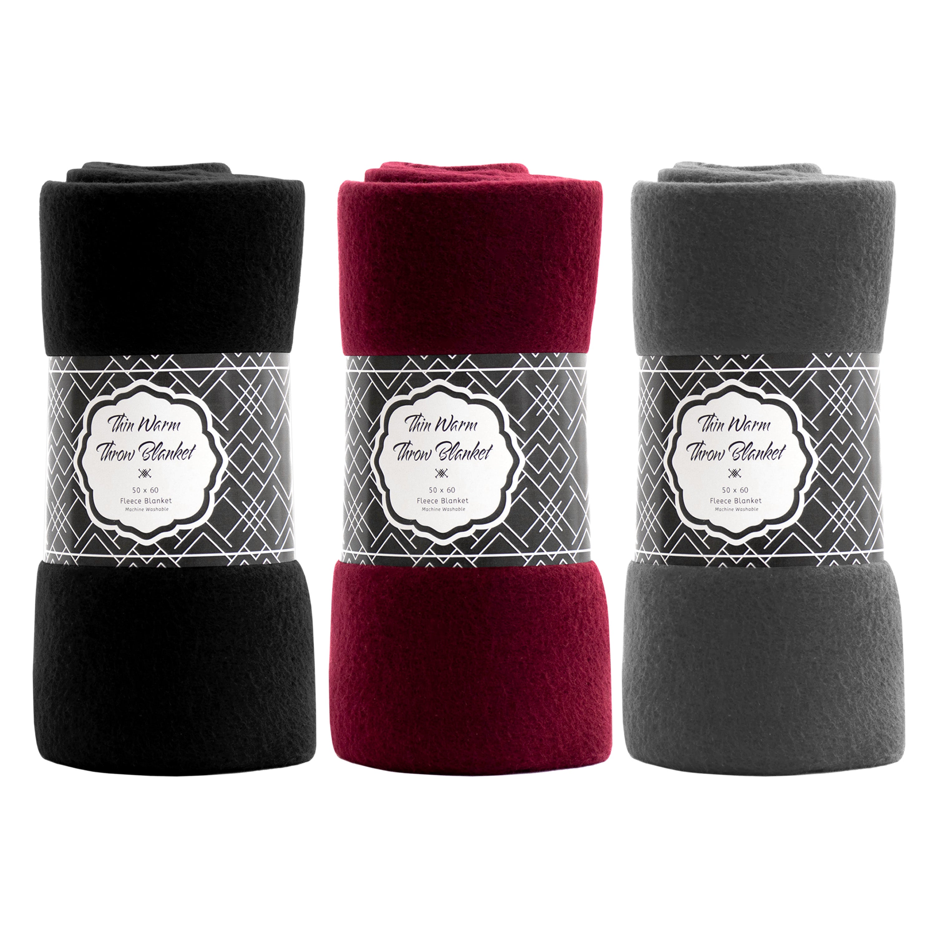 Super Thin Wholesale Throw Blankets in 3 Assorted Colors - Bulk Case of 24