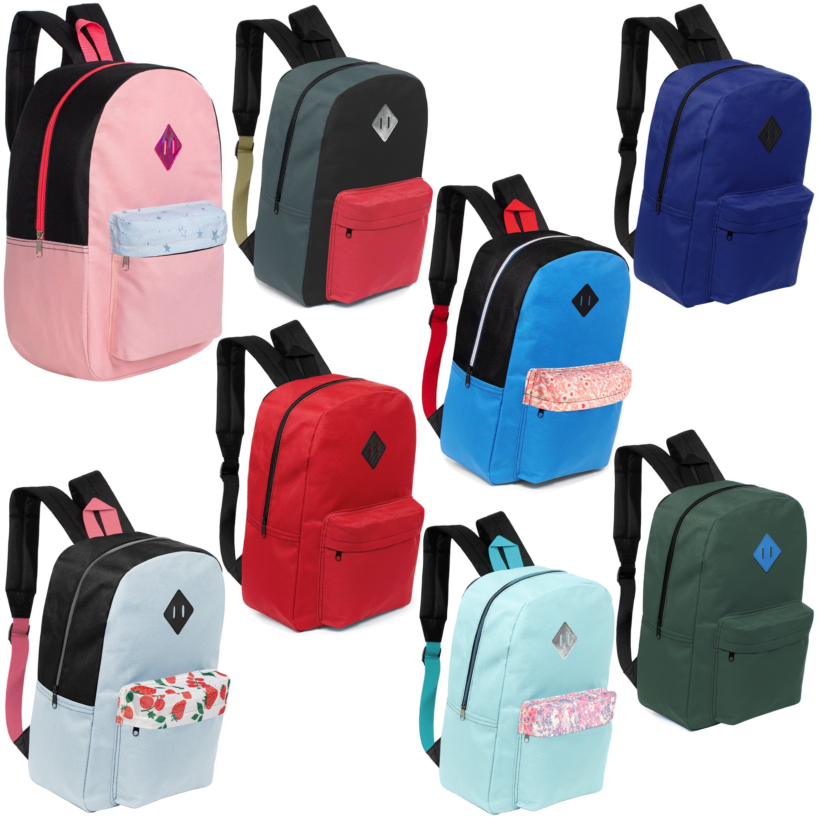 17" Kids Wholesale Backpacks - 8 Colors - Padded Back - Bulk Case of 24