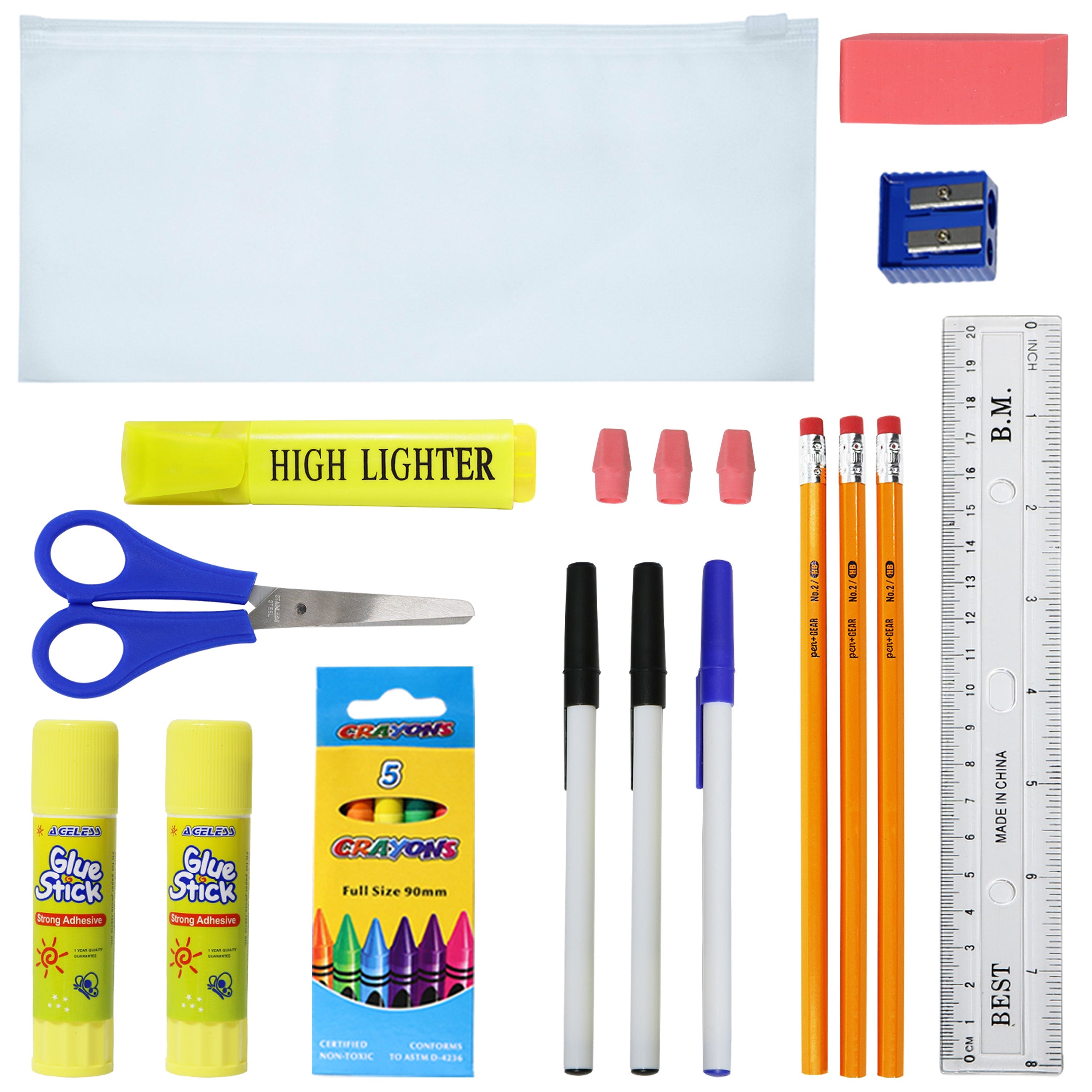 22 Piece Wholesale Basic School Supply Kits for Students - Bulk Case of 48 Kits