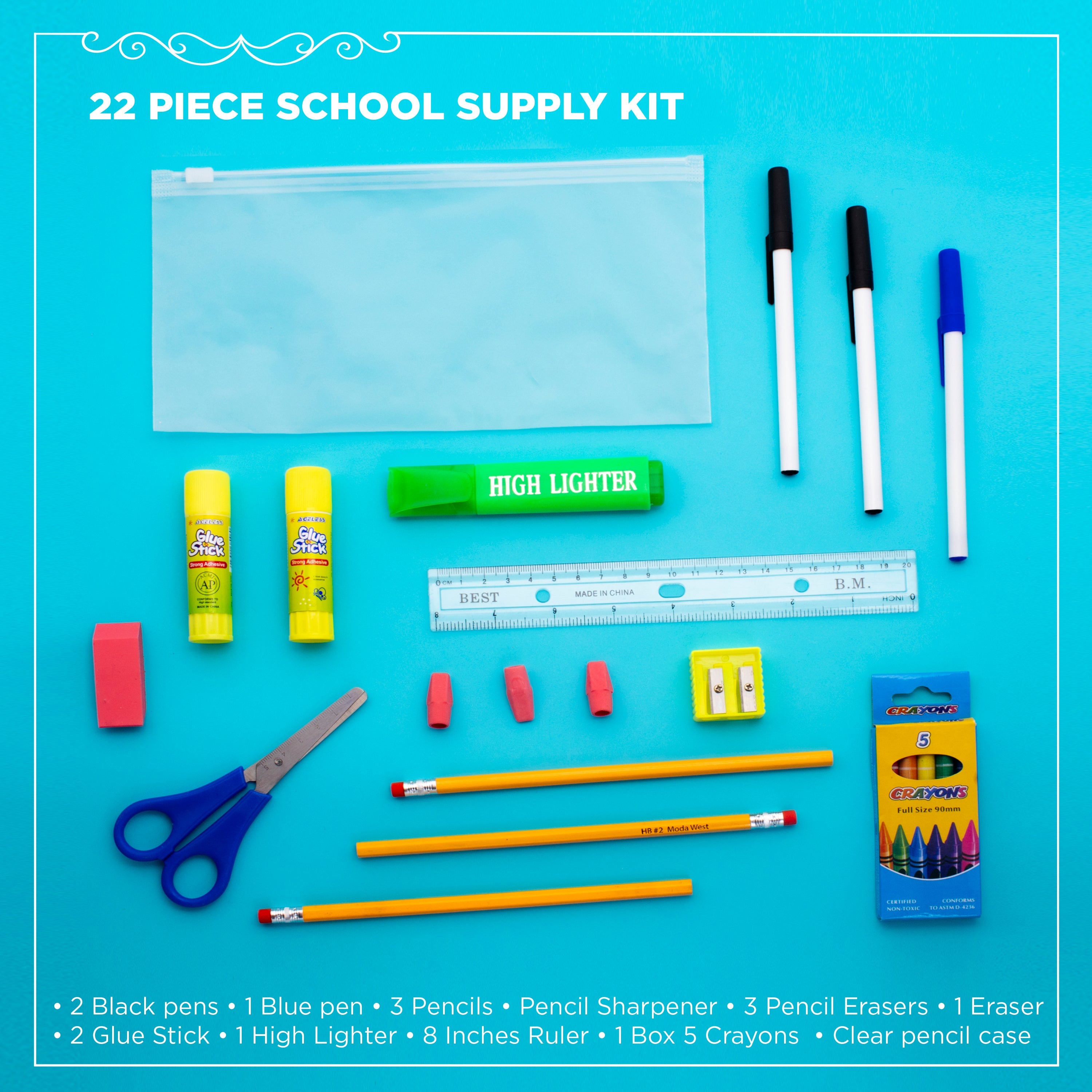 22 Piece Wholesale Basic School Supply Kits for Students - Bulk Case of 48 Kits