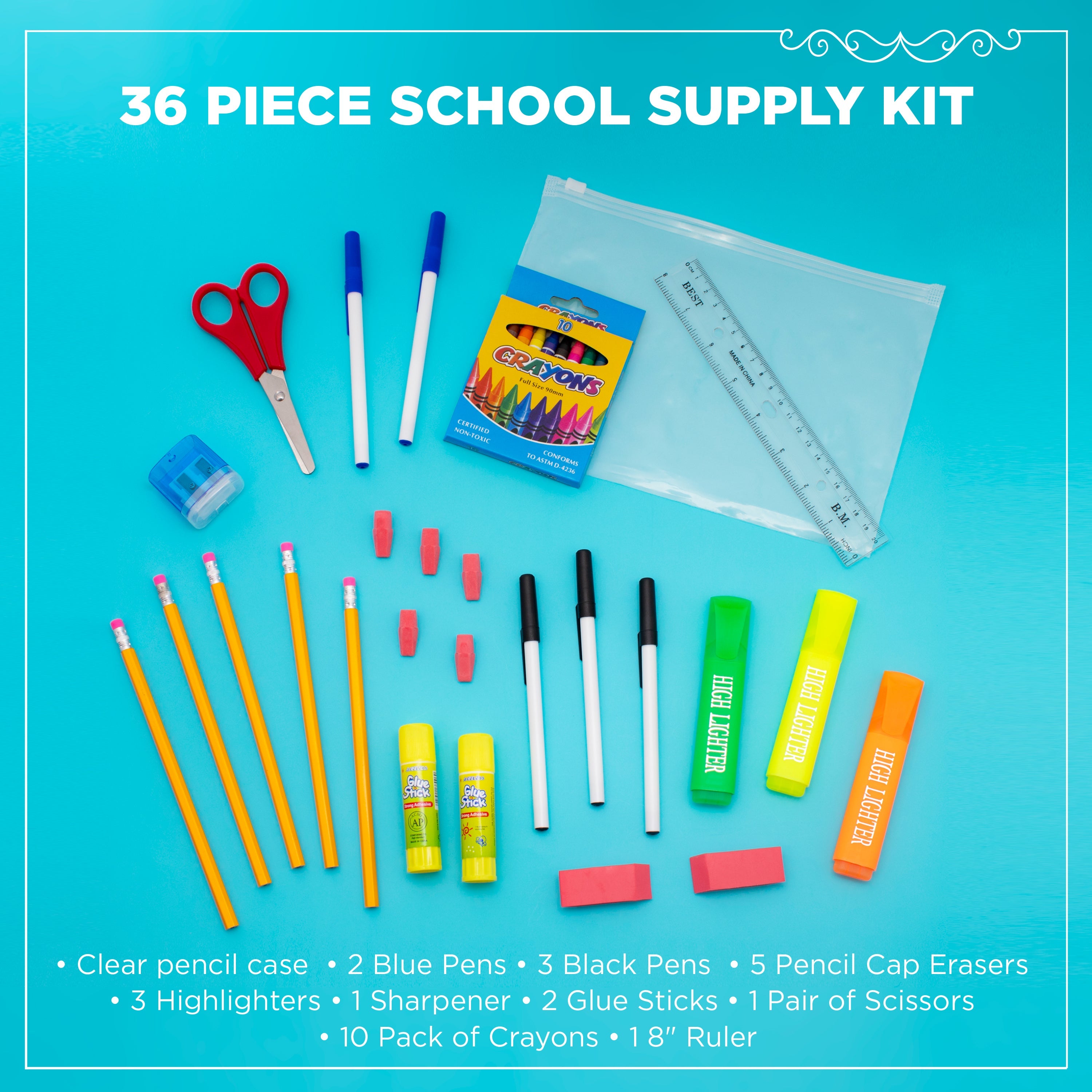 36 Piece Wholesale Basic School Supply Kits for Students - Bulk Case of 48 Kits