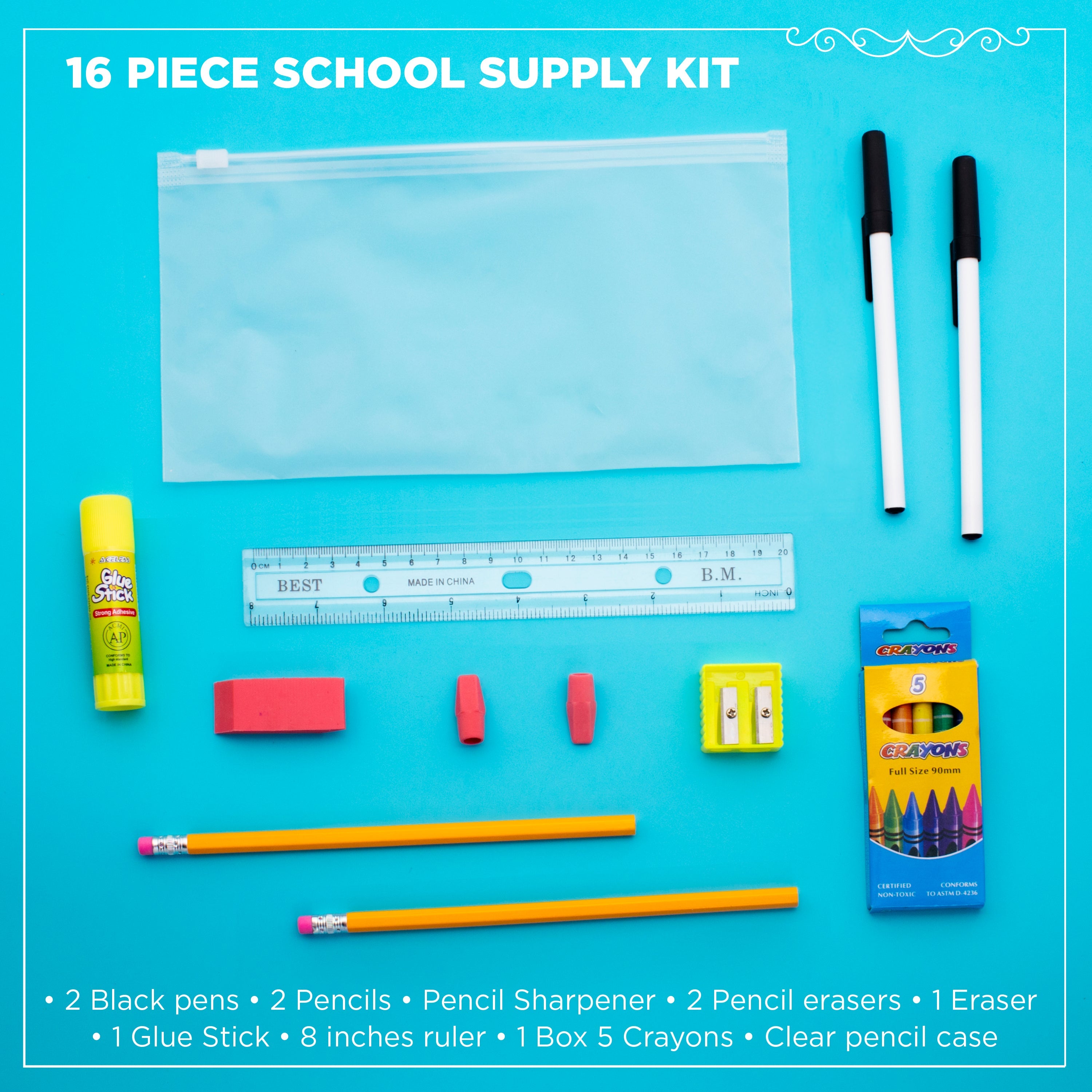 16 Piece Wholesale Basic School Supply Kits for Students - Bulk Case of 48 Kits
