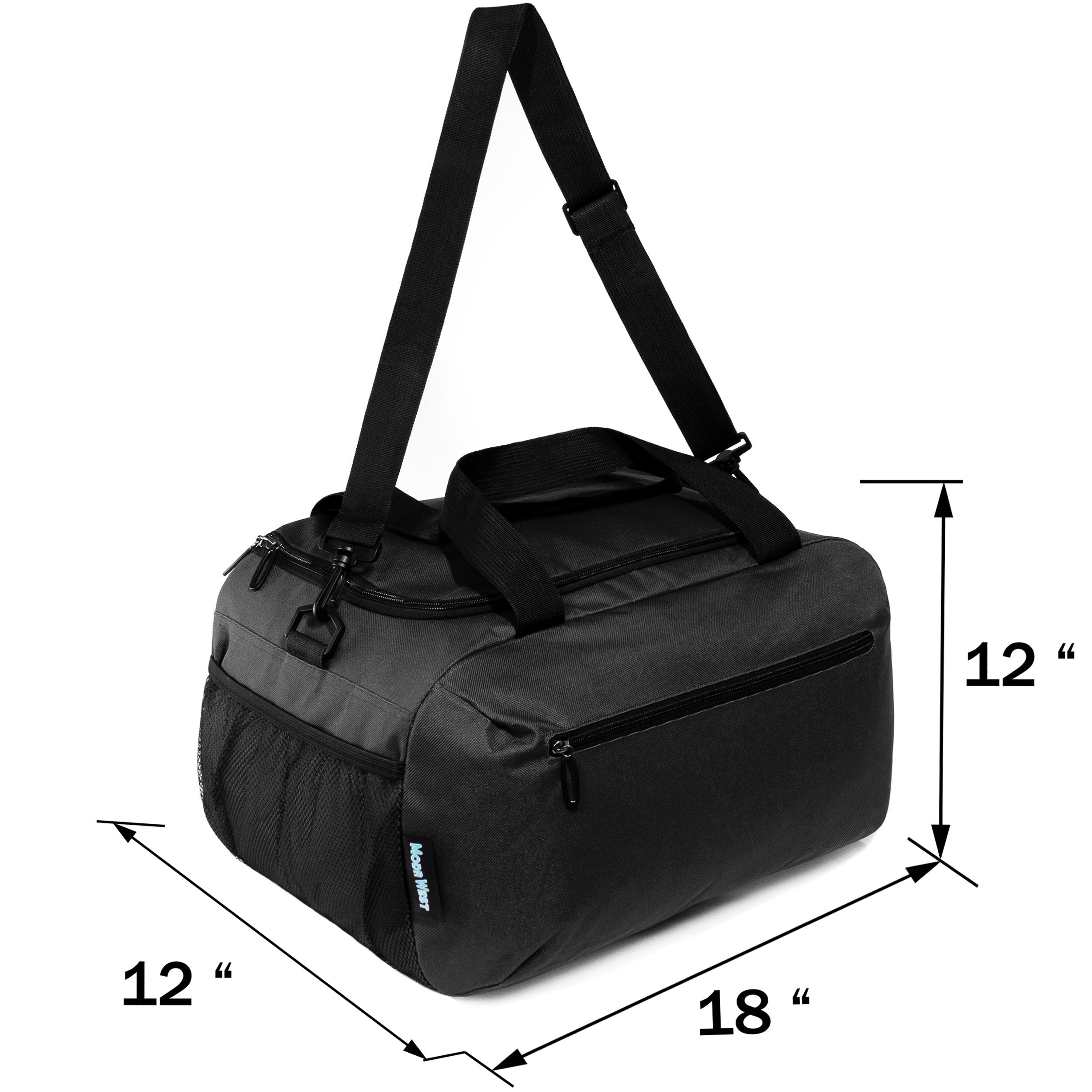 18" Wholesale Duffel Bag in Black with 2 Compartments & Mesh Side Pockets - Bulk Case of 24