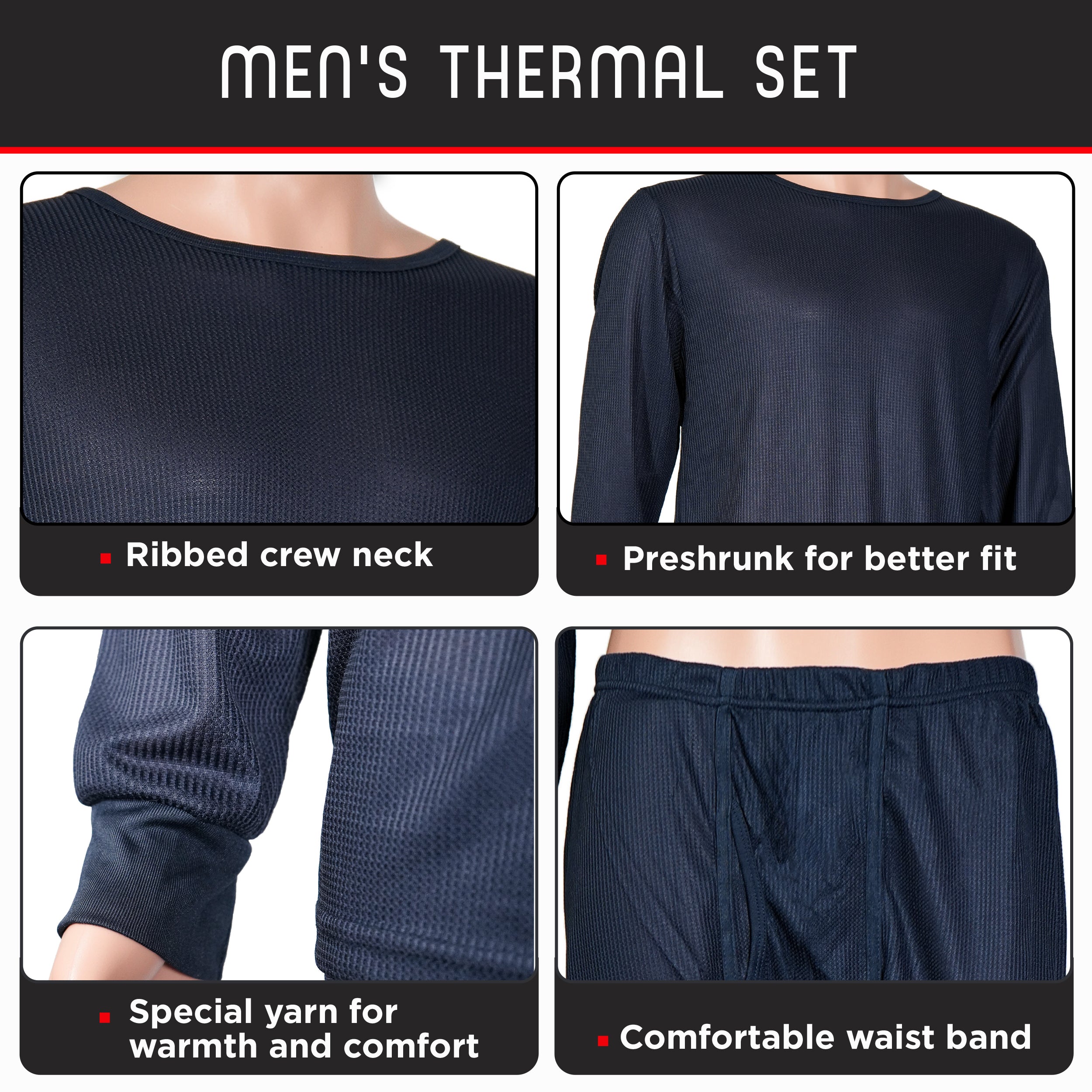 Men's Navy Winter Thermal Underwear Set Assorted Sizes - Bulk Case of 24