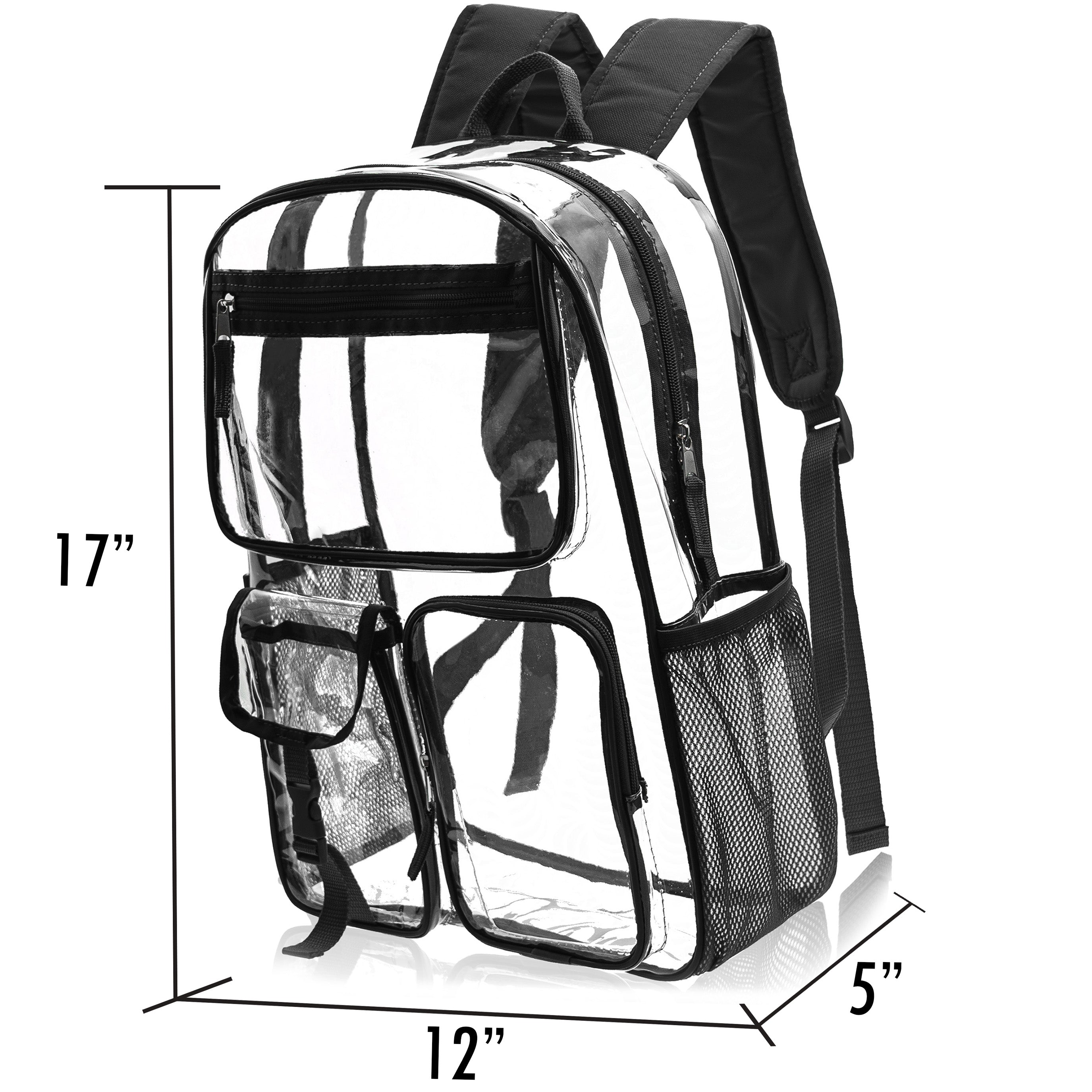 12 Wholesale 17" Premium Clear Backpacks with Black Trim & 12 Bulk School Supply Kits of Your Choice