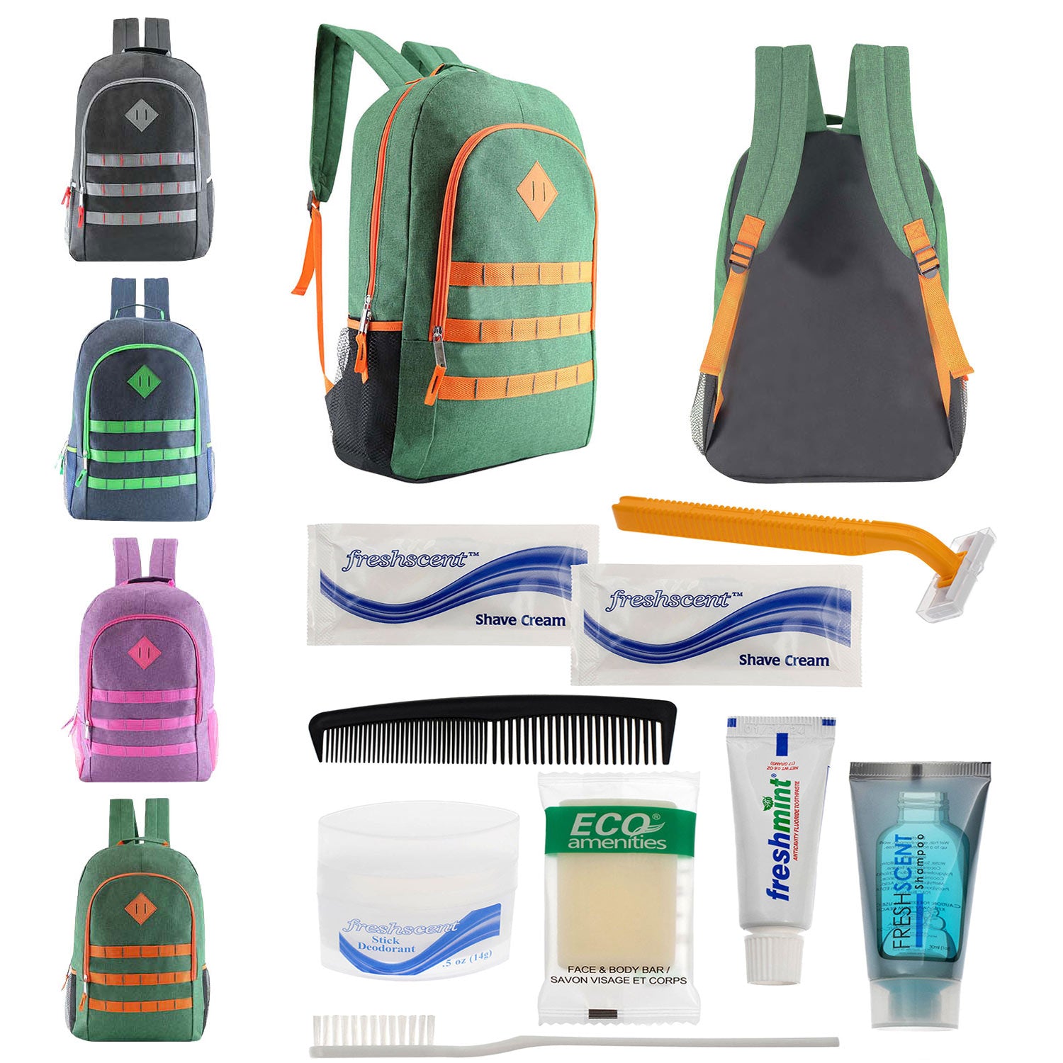 Bulk Case of 12 19" Backpacks and 12 Hygiene & Toiletries Kit - Wholesale Care Package - Disaster Relief Kit, Homeless, Charity