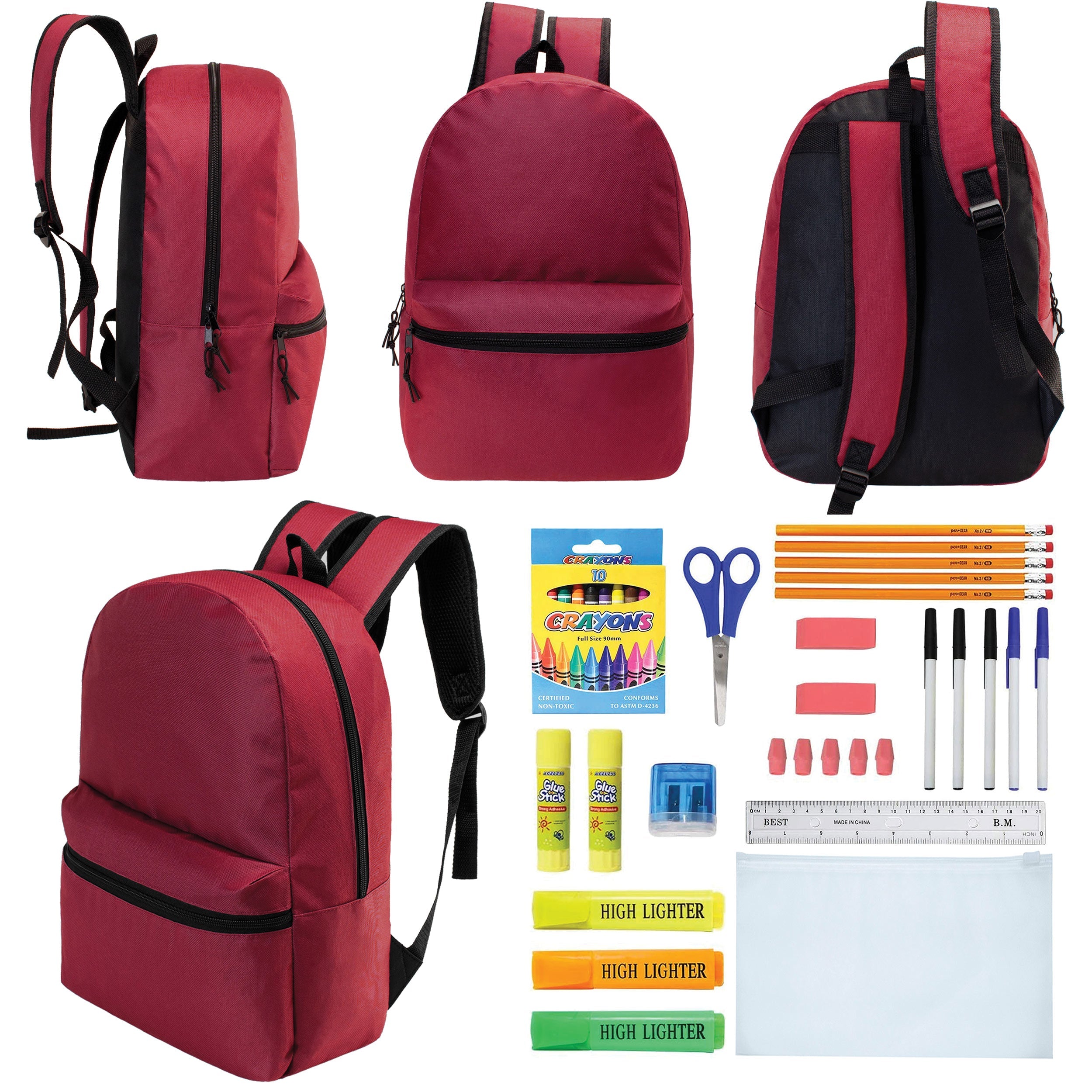 12 Wholesale 17" Basic Backpacks in Burgundy & 12 Bulk School Supply Kits of Your Choice