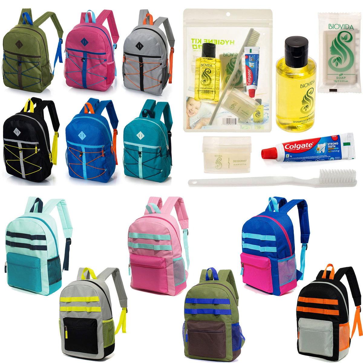 12 Daisy Chain & Bungee Design 17" Backpacks & Your Choice of 12 Bulk Hygiene Kits - Wholesale Care Package: Homeless, Emergency, Charity