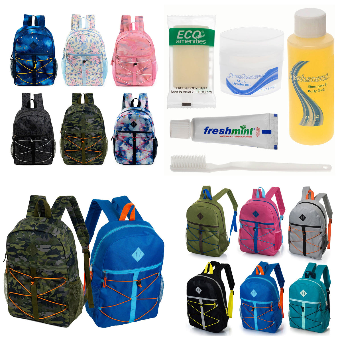 12 Bungee Cord Style 17" Backpacks & Your Choice of 12 Bulk Hygiene Kits - Wholesale Care Package: Homeless, Emergency, Charity
