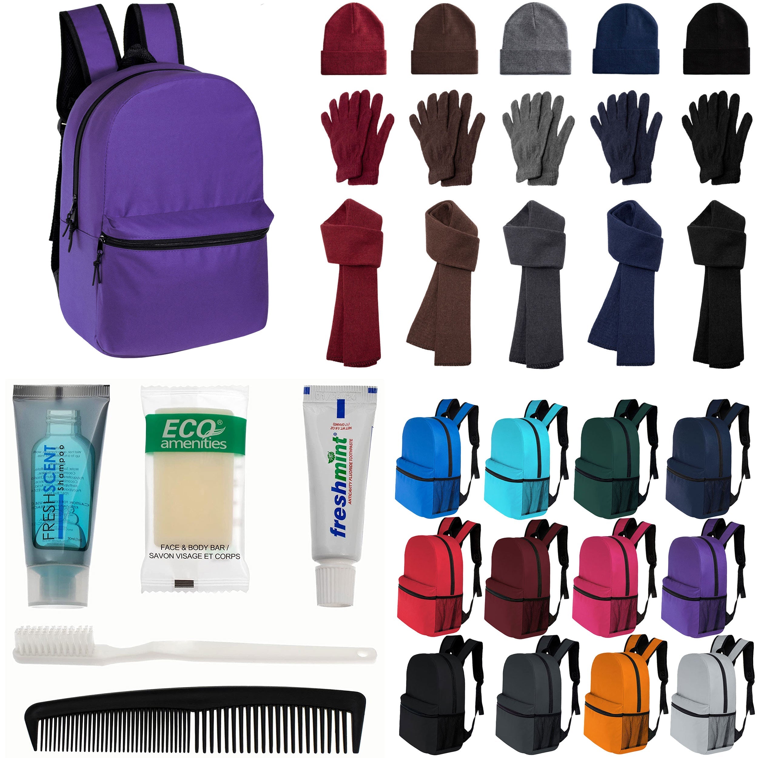 12 Classic 16" Backpacks in 12 Colors, 12 Winter Item Sets & Your Choice of 12 Bulk Hygiene Kits - Wholesale Homeless Care Package
