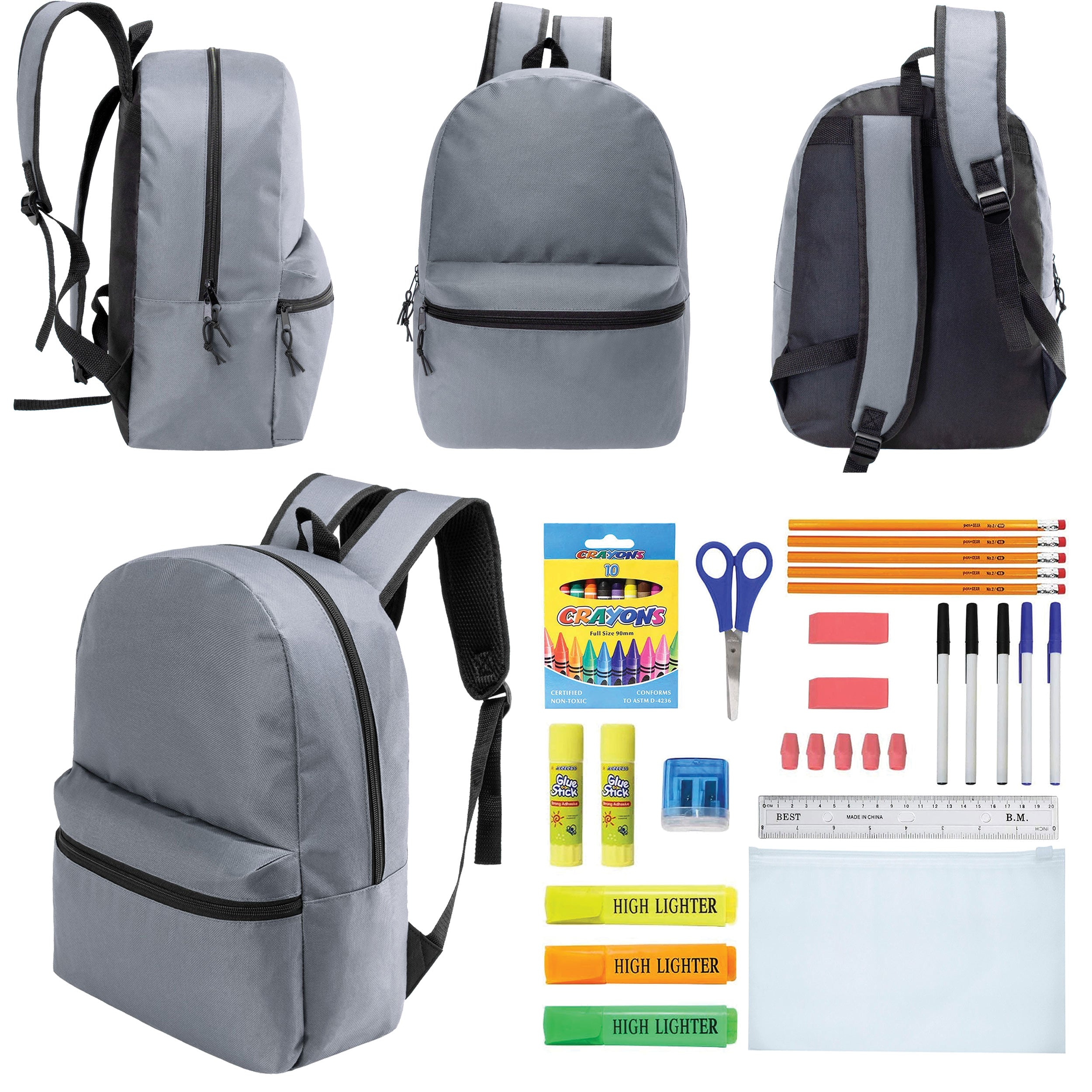 12 Wholesale 17" Basic Backpacks in Cool Gray & 12 Bulk School Supply Kits of Your Choice