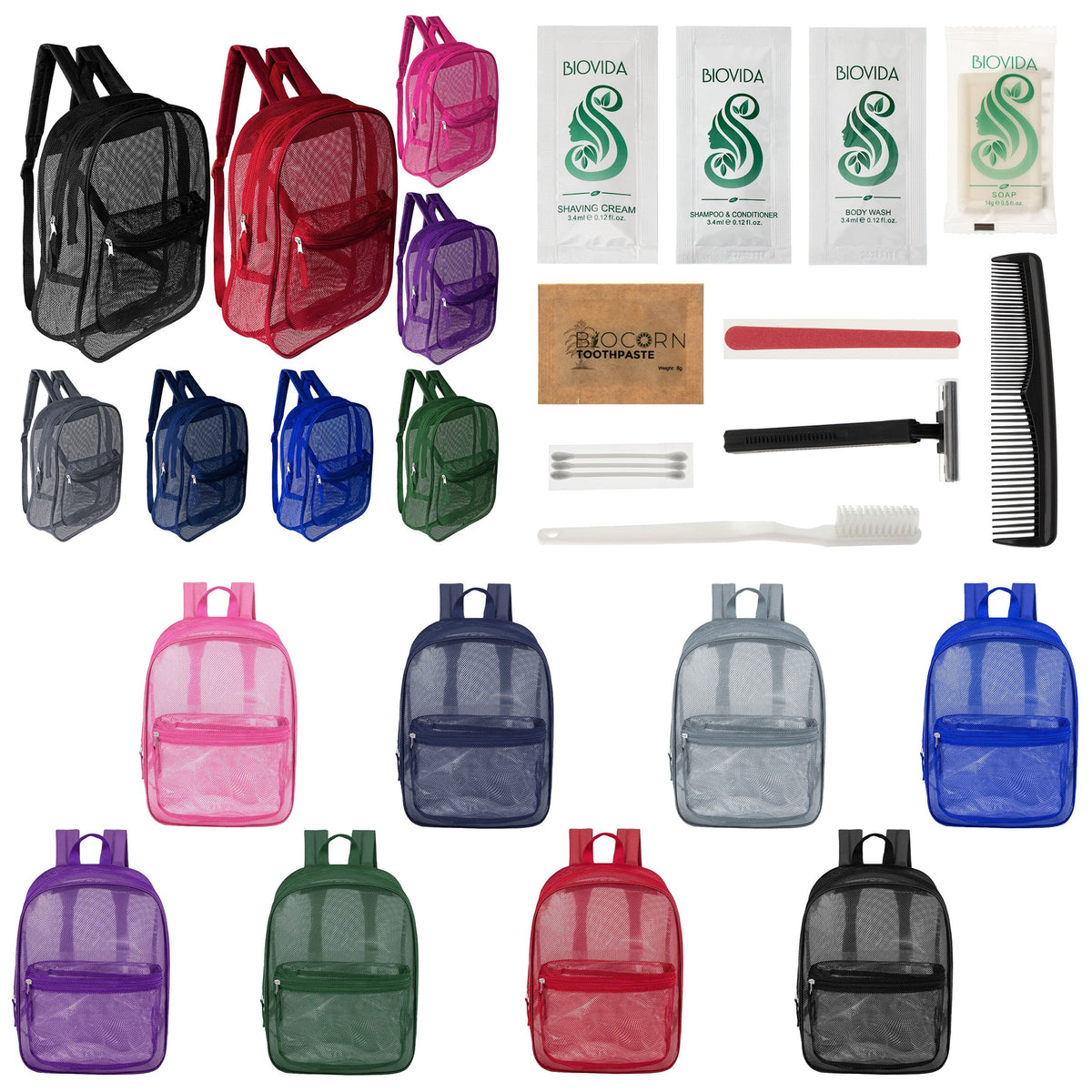 12 Mesh 17" Backpacks in 8 Colors & Your Choice of 12 Bulk Hygiene Kits - Wholesale Care Package: Homeless, Emergency, Charity