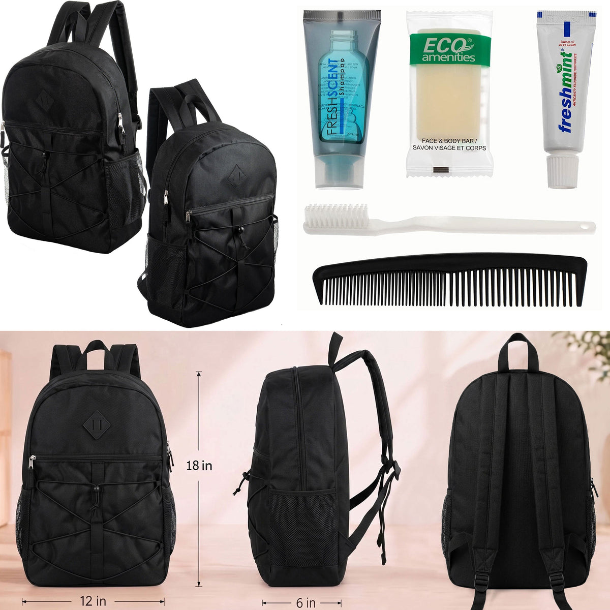 12 Black Bungee Cord Style 18" Backpacks & Your Choice of 12 Bulk Hygiene Kits - Wholesale Care Package: Homeless, Emergency, Charity