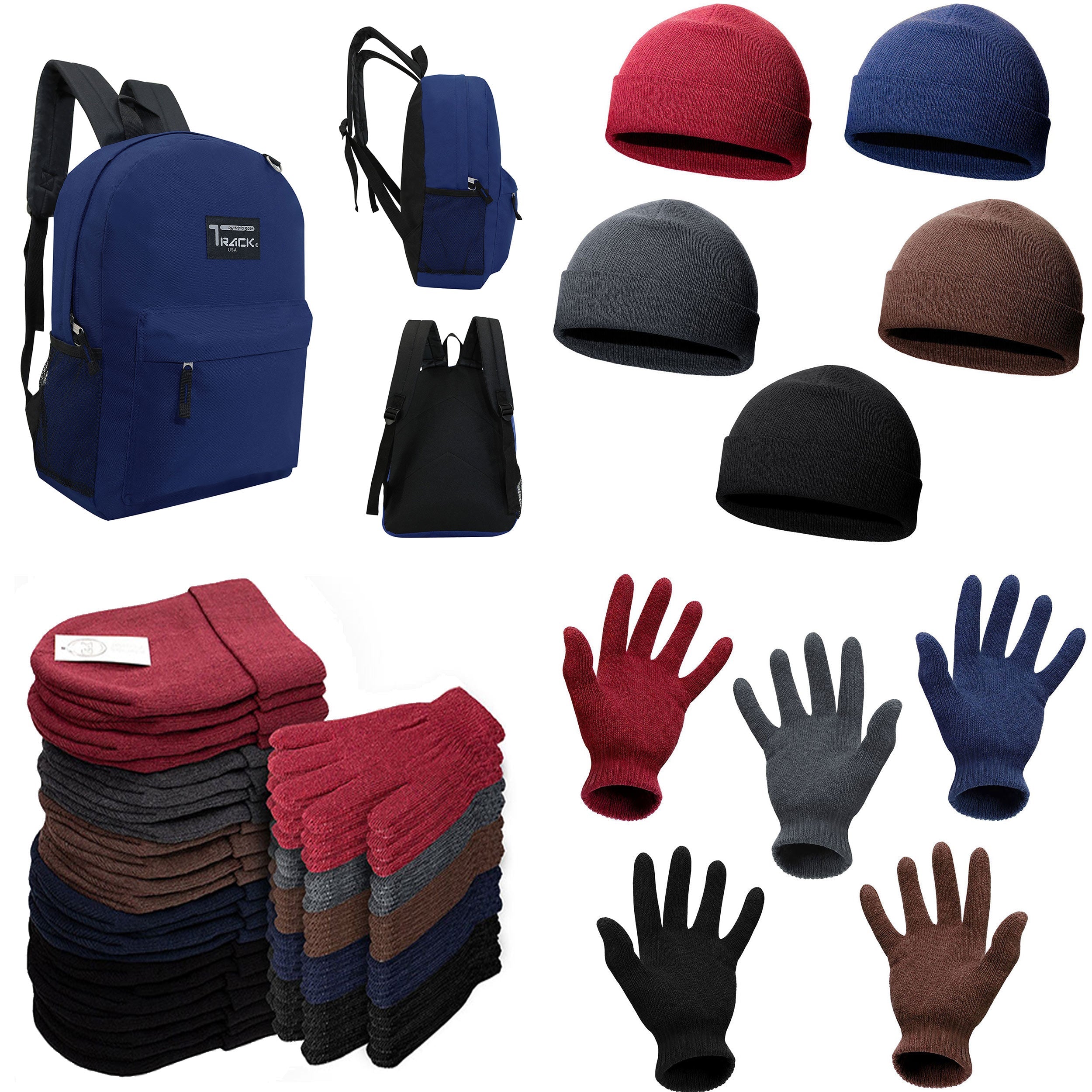 12 Navy Blue 17" Backpacks & Your Choice of 12 Winter Item Sets - Wholesale Care Package: Homeless, Emergency, Charity