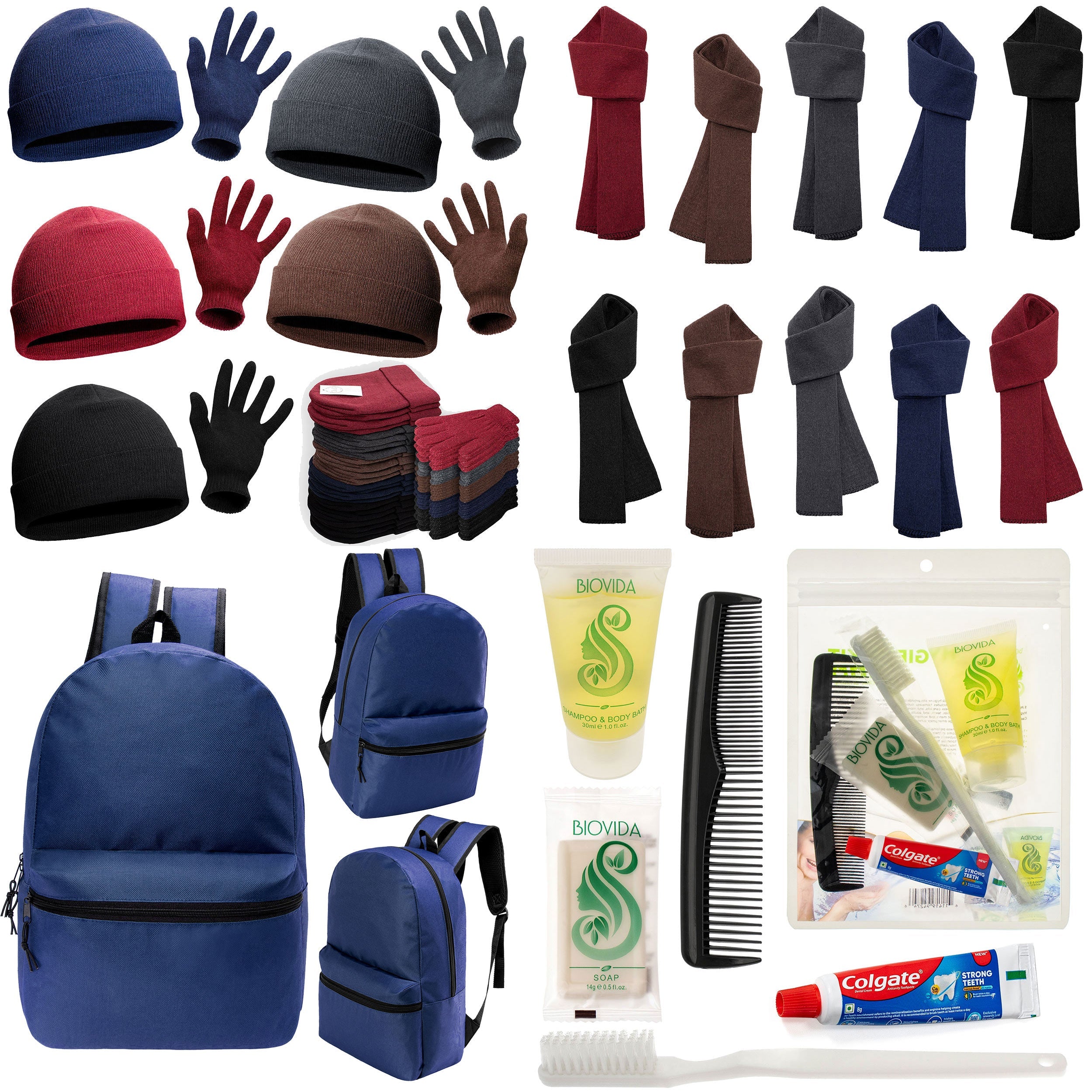 12 Basic 17" Backpacks in Navy Blue, 12 Winter Item Sets & Your Choice of 12 Bulk Hygiene Kits - Wholesale Homeless Care Package