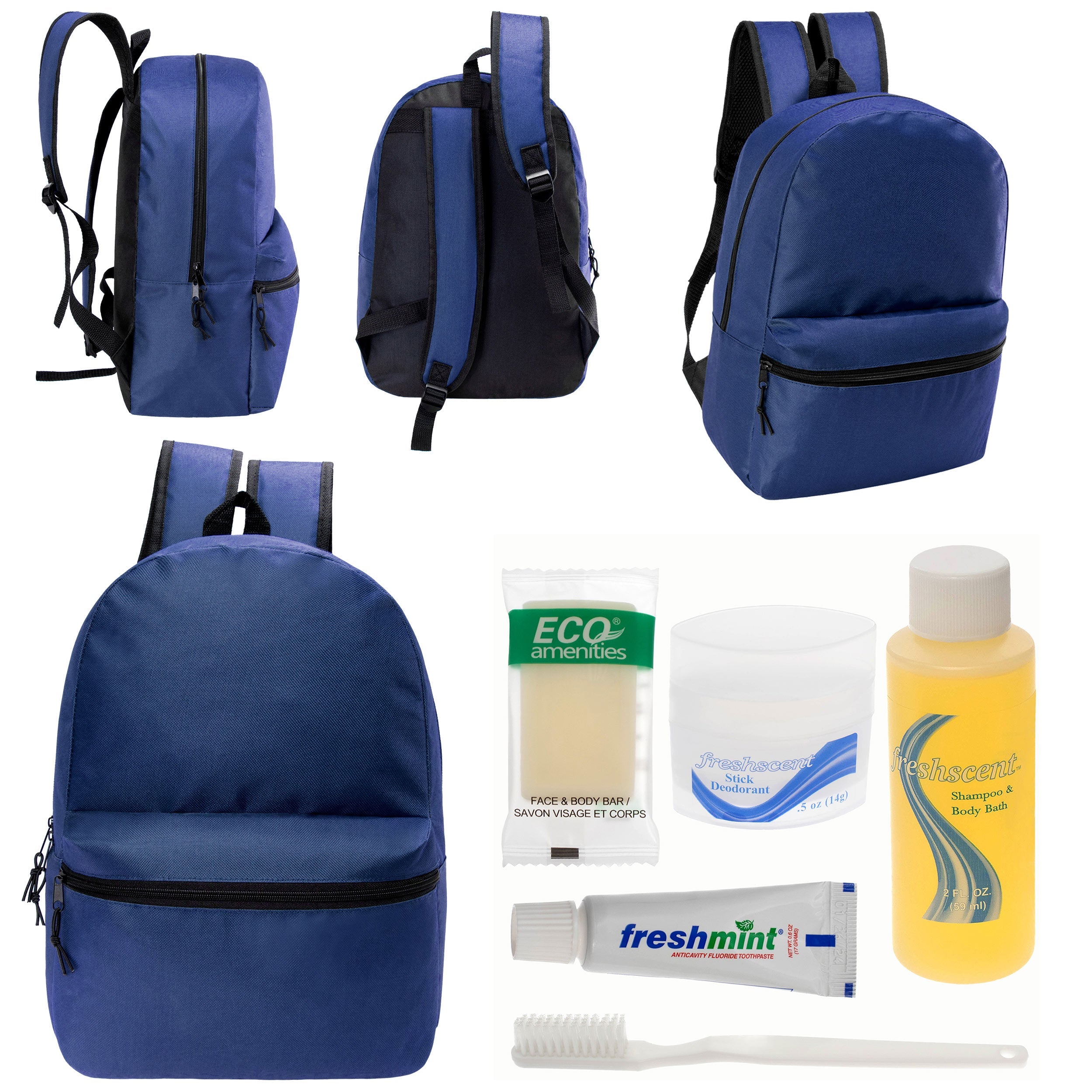 12 17" Classic Backpacks in Navy Blue & Your Choice of 12 Bulk Hygiene Kits - Wholesale Care Package: Homeless, Emergency, Charity