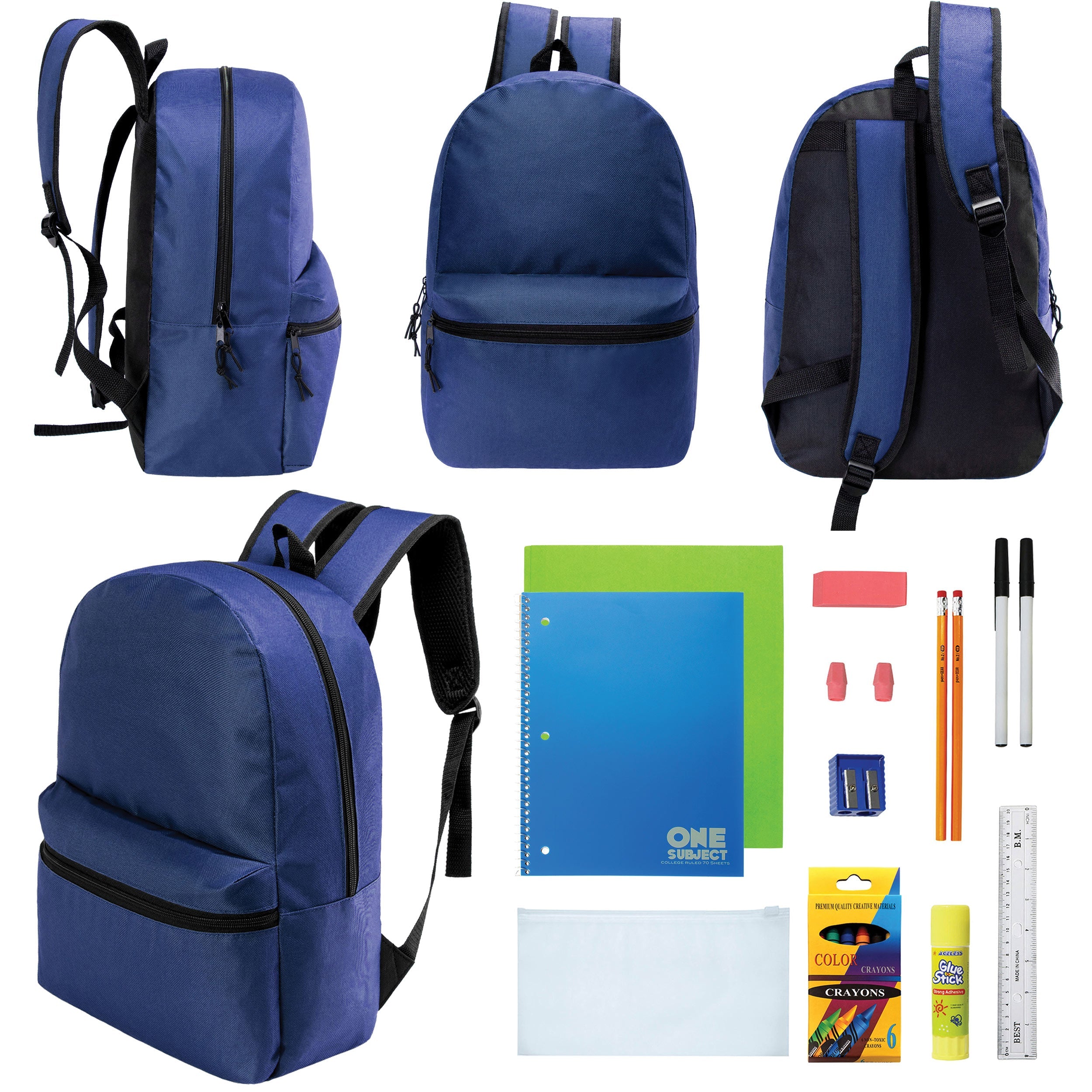 12 Wholesale 17" Basic Backpacks in Navy Blue & 12 Bulk School Supply Kits of Your Choice