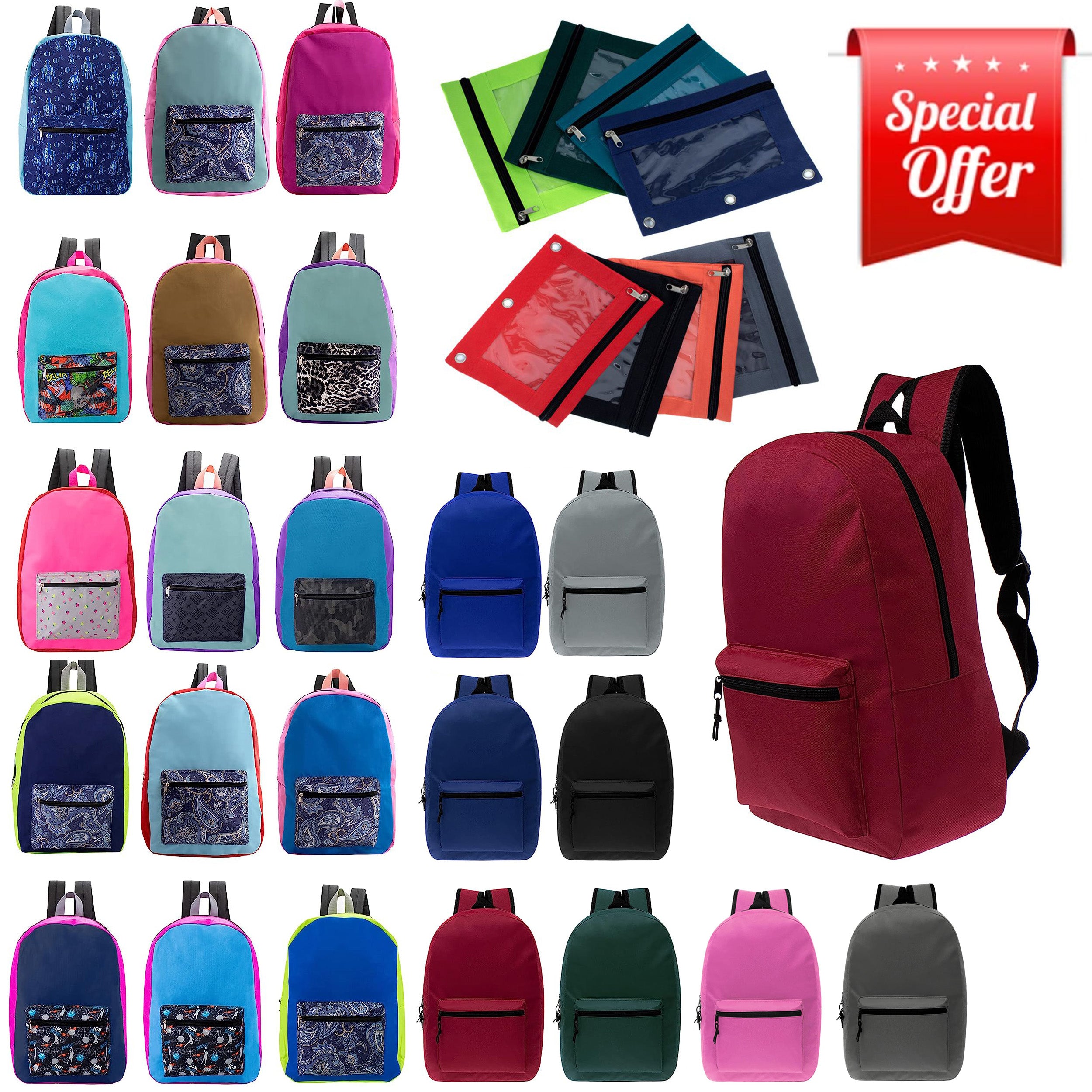 17" Kids Basic Wholesale Combo Set Of Backpack in Assorted Colors and Prints - Bulk Case of 60 with Free Pencil Pouches Included