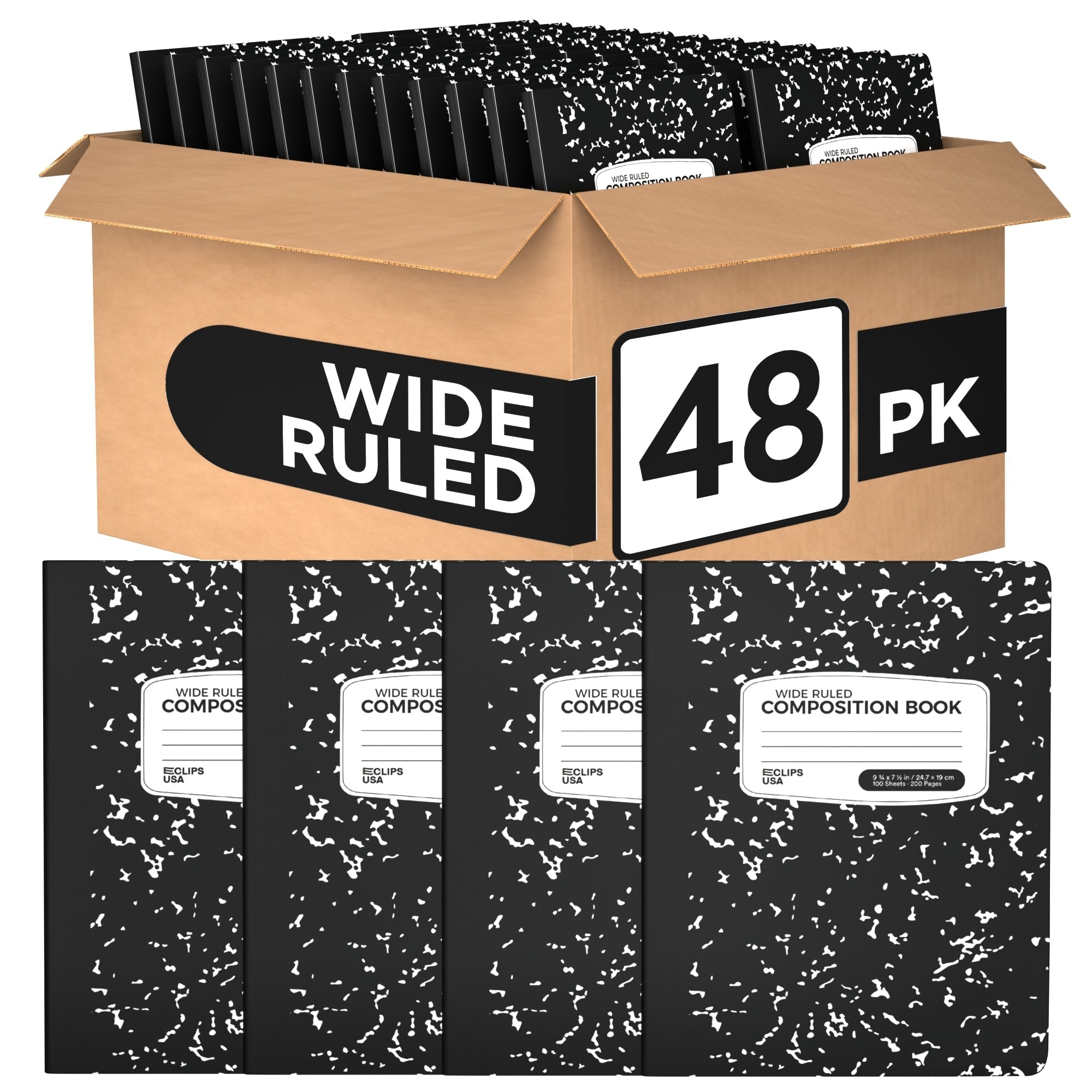Wide Ruled Wholesale Composition Notebooks in Black - Bulk Case of 48 Notebooks