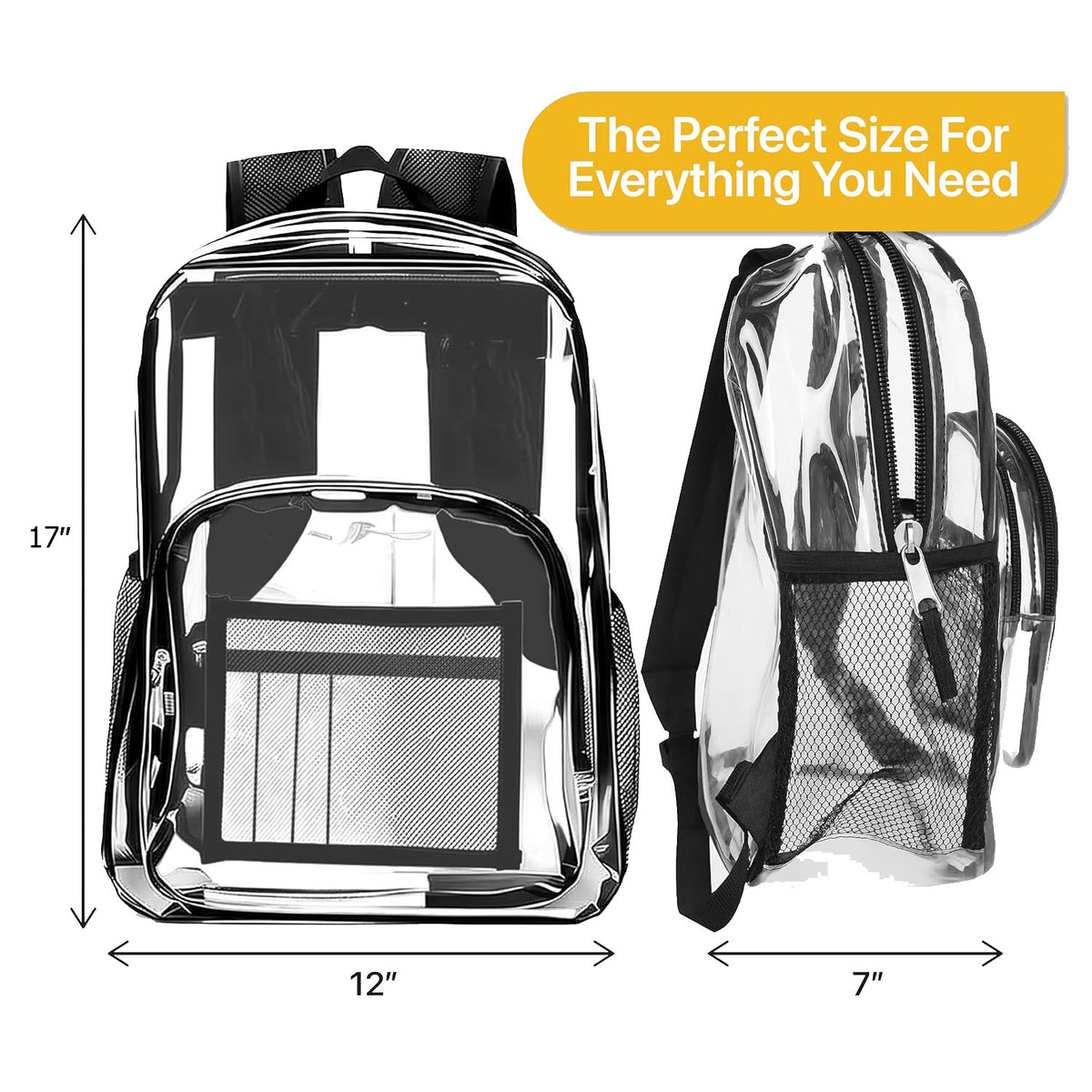 Clear Wholesale 17" Backpacks w/Black Trim - Mesh Side Pockets - Durable Transparent PVC - Bulk Case of 24