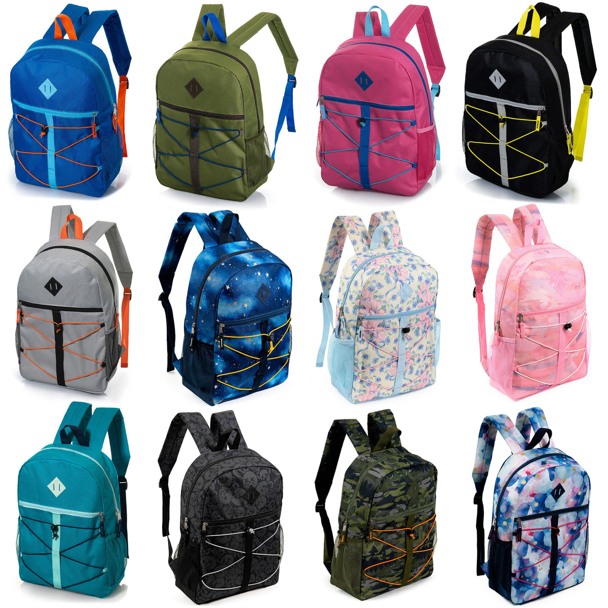 12 Bungee Cord Style 17" Backpacks & Your Choice of 12 Bulk Hygiene Kits - Wholesale Care Package: Homeless, Emergency, Charity