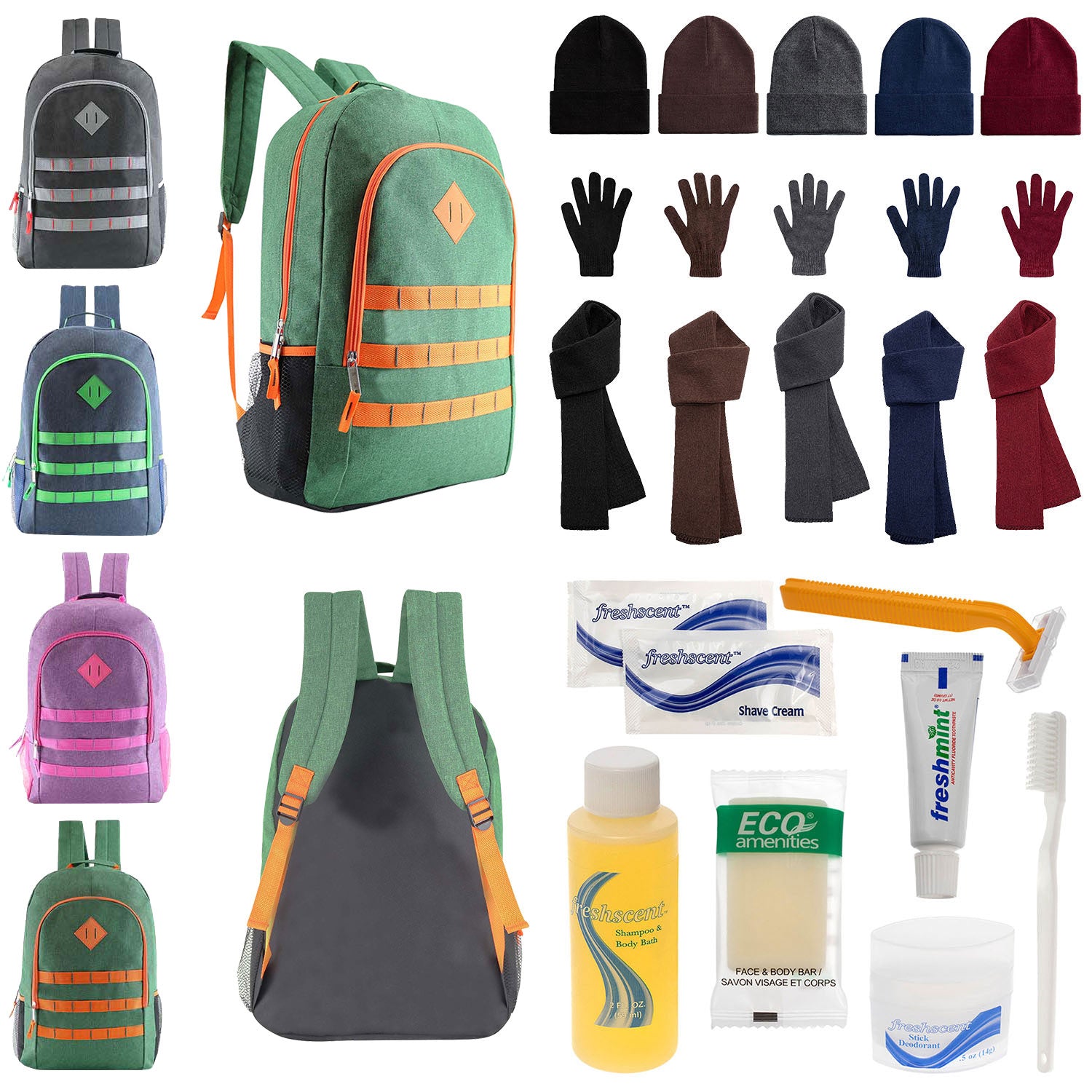 Bulk Case of 12 19" Backpacks and 12 Winter Item Sets and 12 Hygiene Kits - Wholesale Care Package - Emergencies, Homeless, Charity