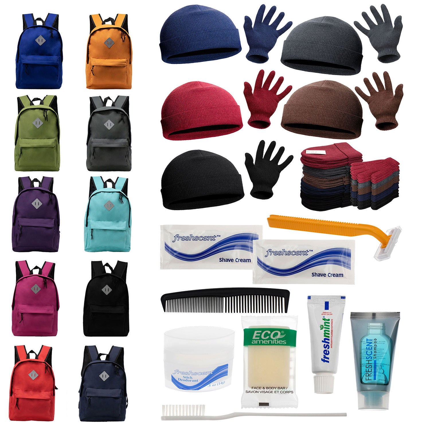 Bulk Case of 12 Backpacks and 12 Winter Item Sets and 12 Hygiene Kits - Wholesale Care Package - Emergencies, Homeless, Charity