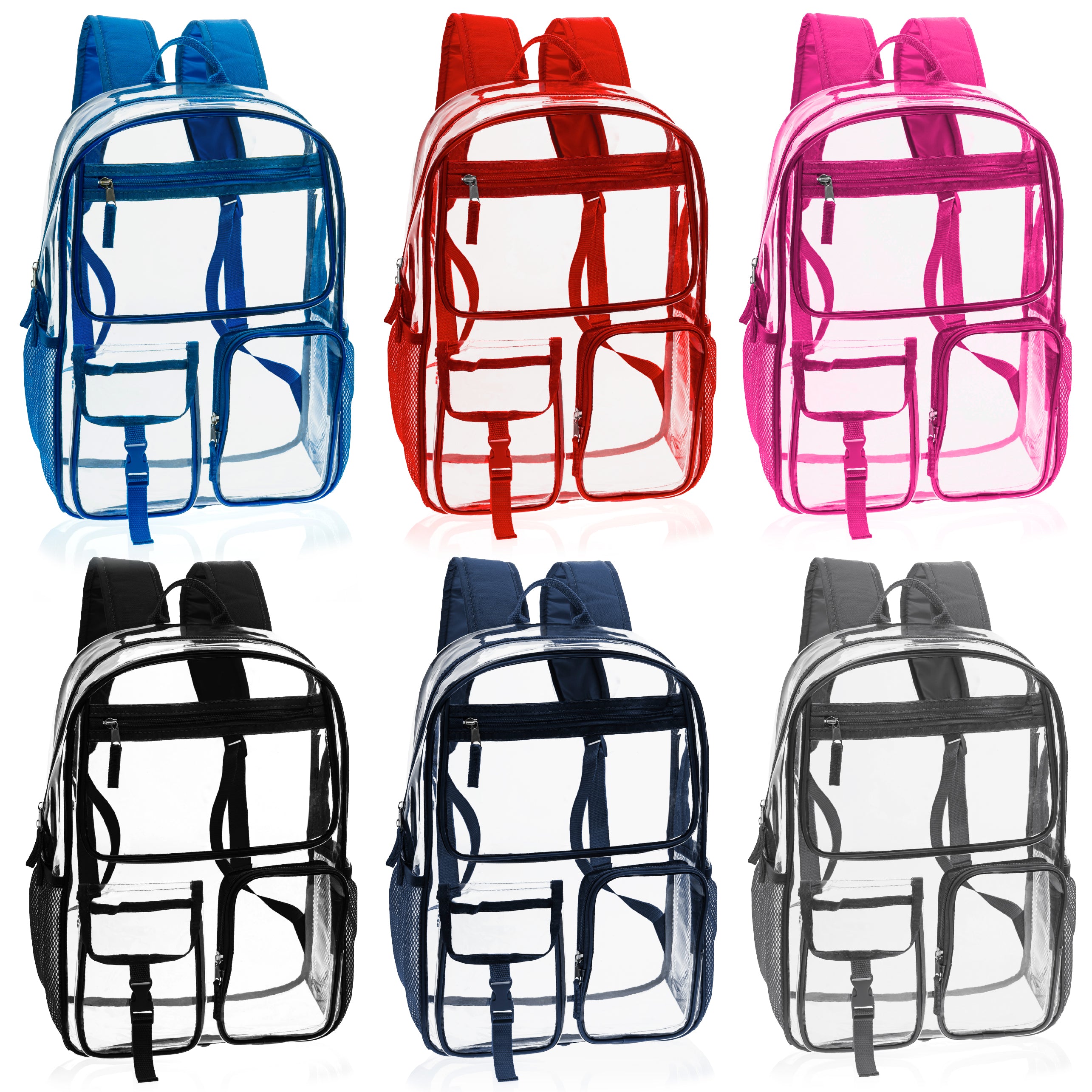 17" Premium Wholesale Clear Backpacks in Assorted Colors - Bulk Case of 24 Transparent Bookbags