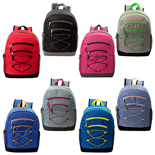 24 Pack of 17" Bungee Deluxe and Classic Design Wholesale Backpack in Assorted Colors and Prints - Bulk Case of 24