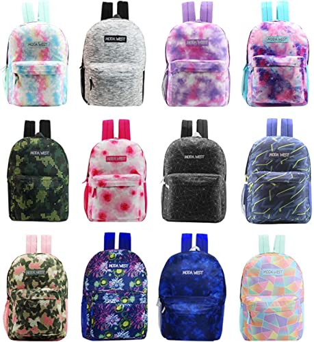 24 Pack of 17" Bungee Deluxe and Classic Design Wholesale Backpack in Assorted Colors and Prints - Bulk Case of 24