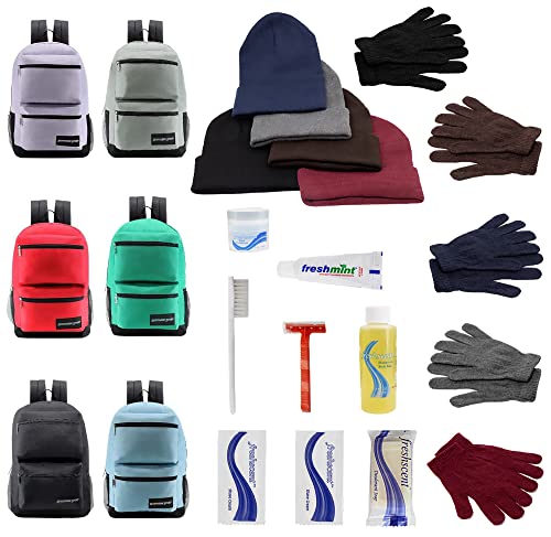 Bulk Case of 12 Backpacks and 12 Winter Item Sets and 12 Hygiene Kits - Wholesale Care Package - Emergencies, Homeless, Charity