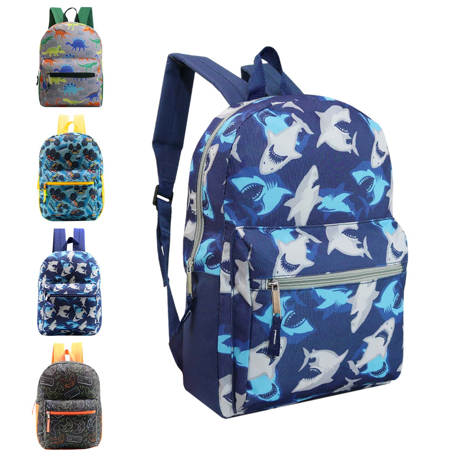 15" Kids Basic Wholesale Backpacks in 4 Assorted Boys Prints - Bulk Case of 24