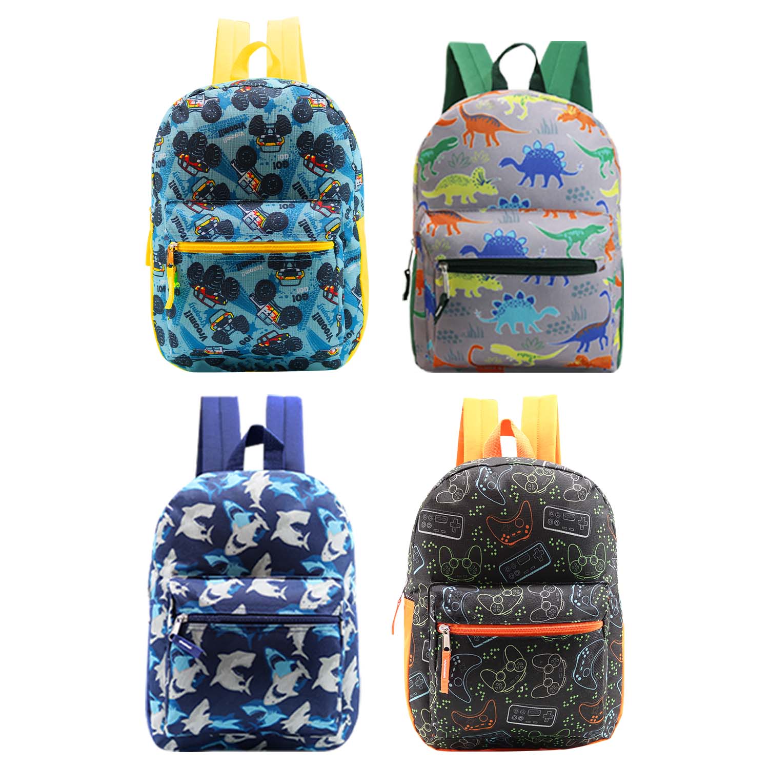 15" Kids Basic Wholesale Backpacks in 4 Assorted Boys Prints - Bulk Case of 24