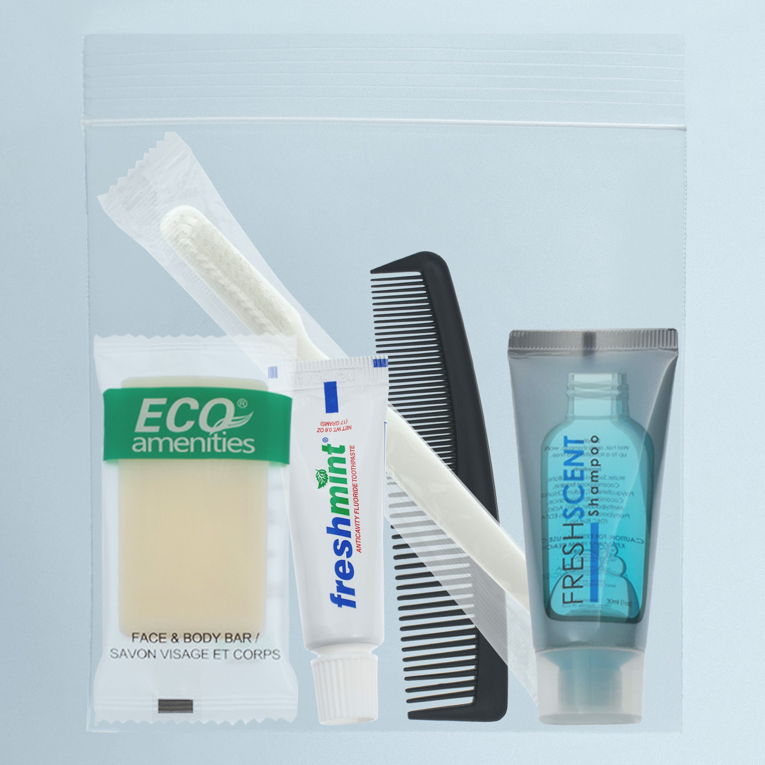 5 Piece Basic Wholesale Hygiene Kits - Travel Toiletry Supplies - Bulk Case of 96