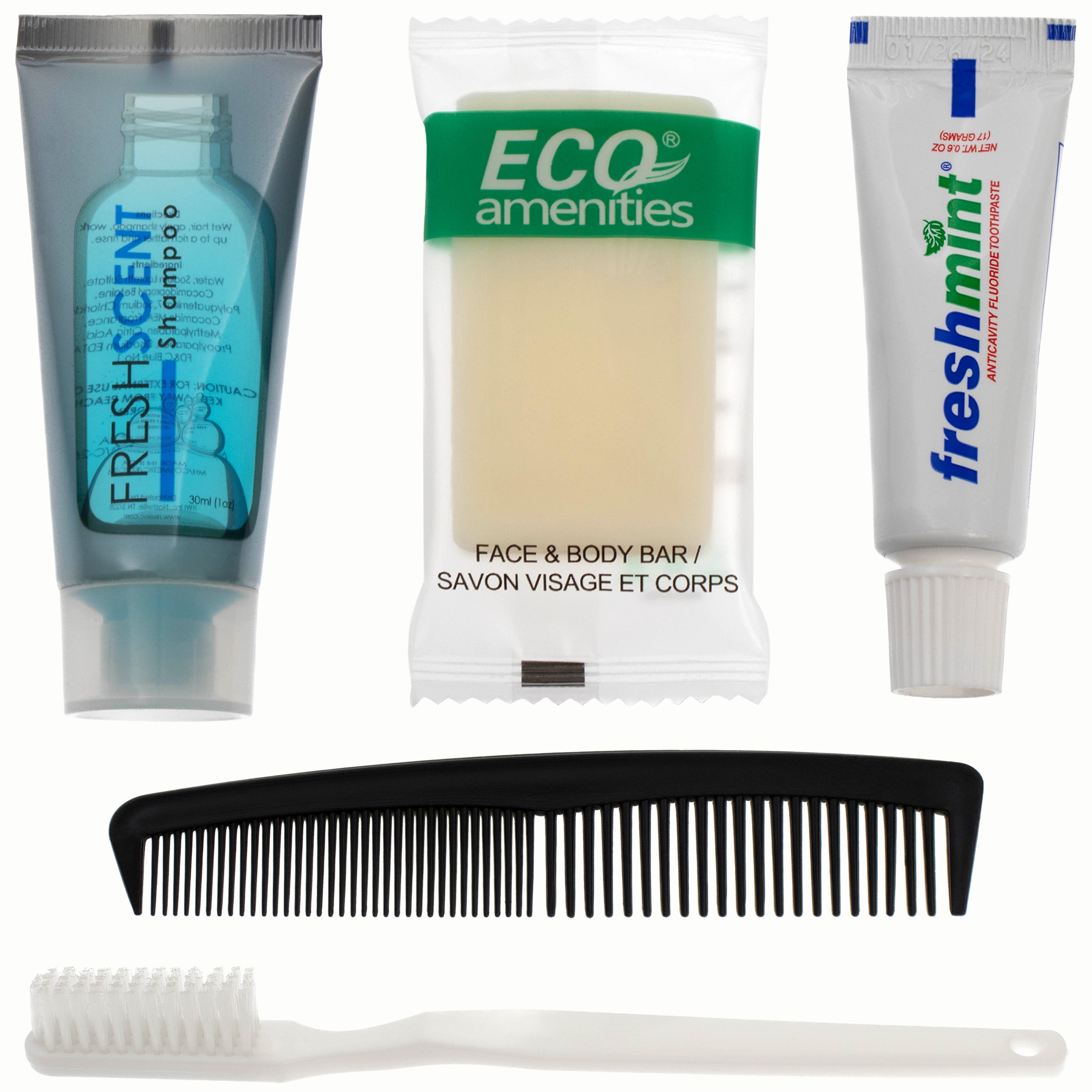 5 Piece Basic Wholesale Hygiene Kits - Travel Toiletry Supplies - Bulk Case of 96