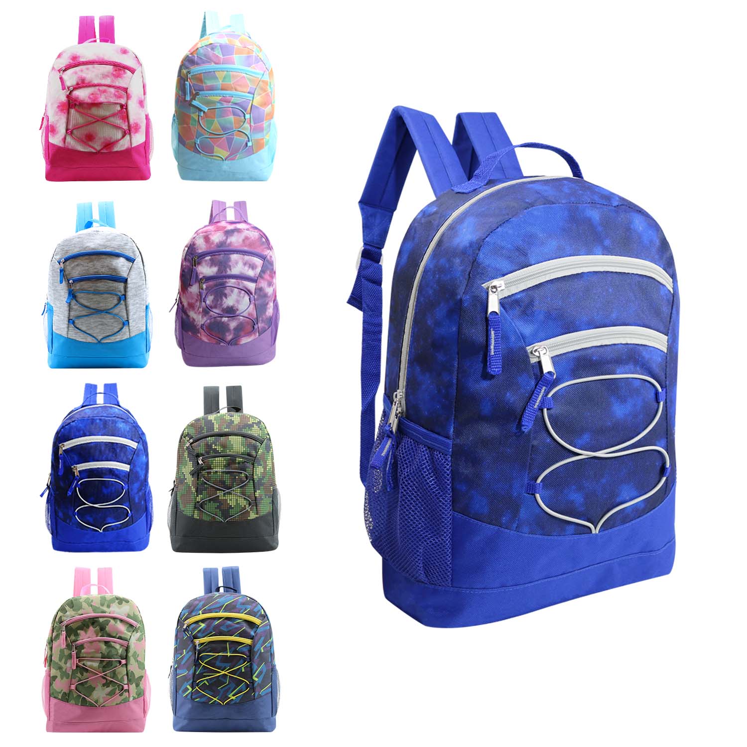 17" Bungee Wholesale Backpack In 8 Prints - Bulk Case Of 24 Backpacks