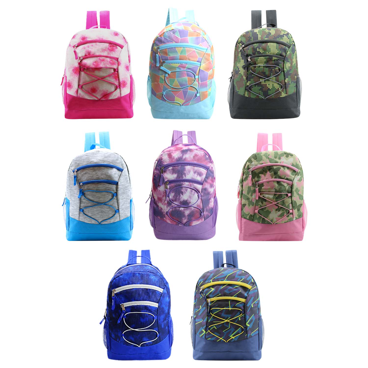 17" Bungee Wholesale Backpack In 8 Prints - Bulk Case Of 24 Backpacks