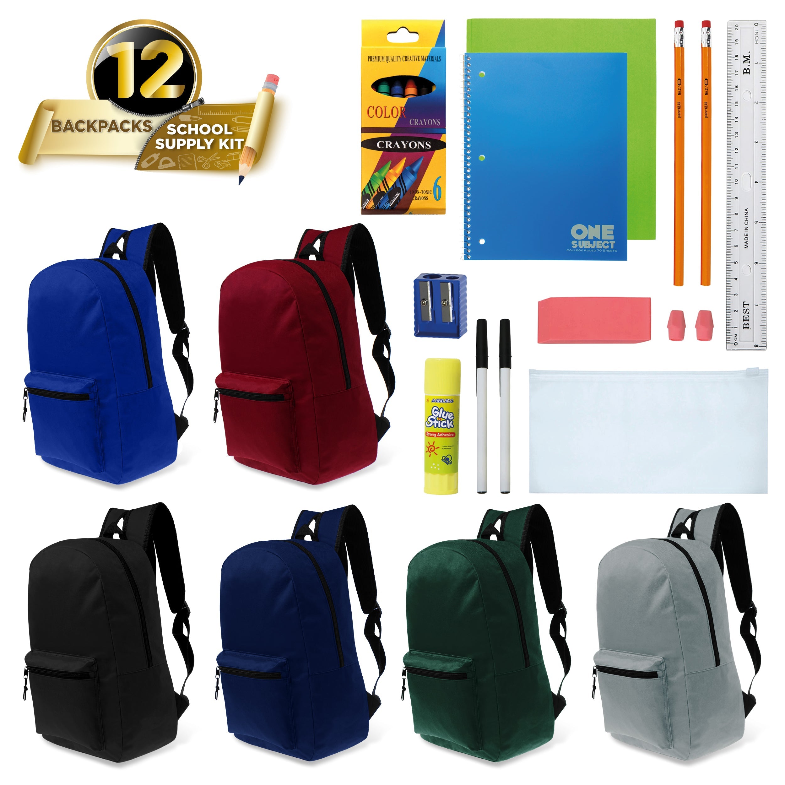 12 Wholesale 15 Kids Basic Backpacks 12 Bulk School Supply Kits