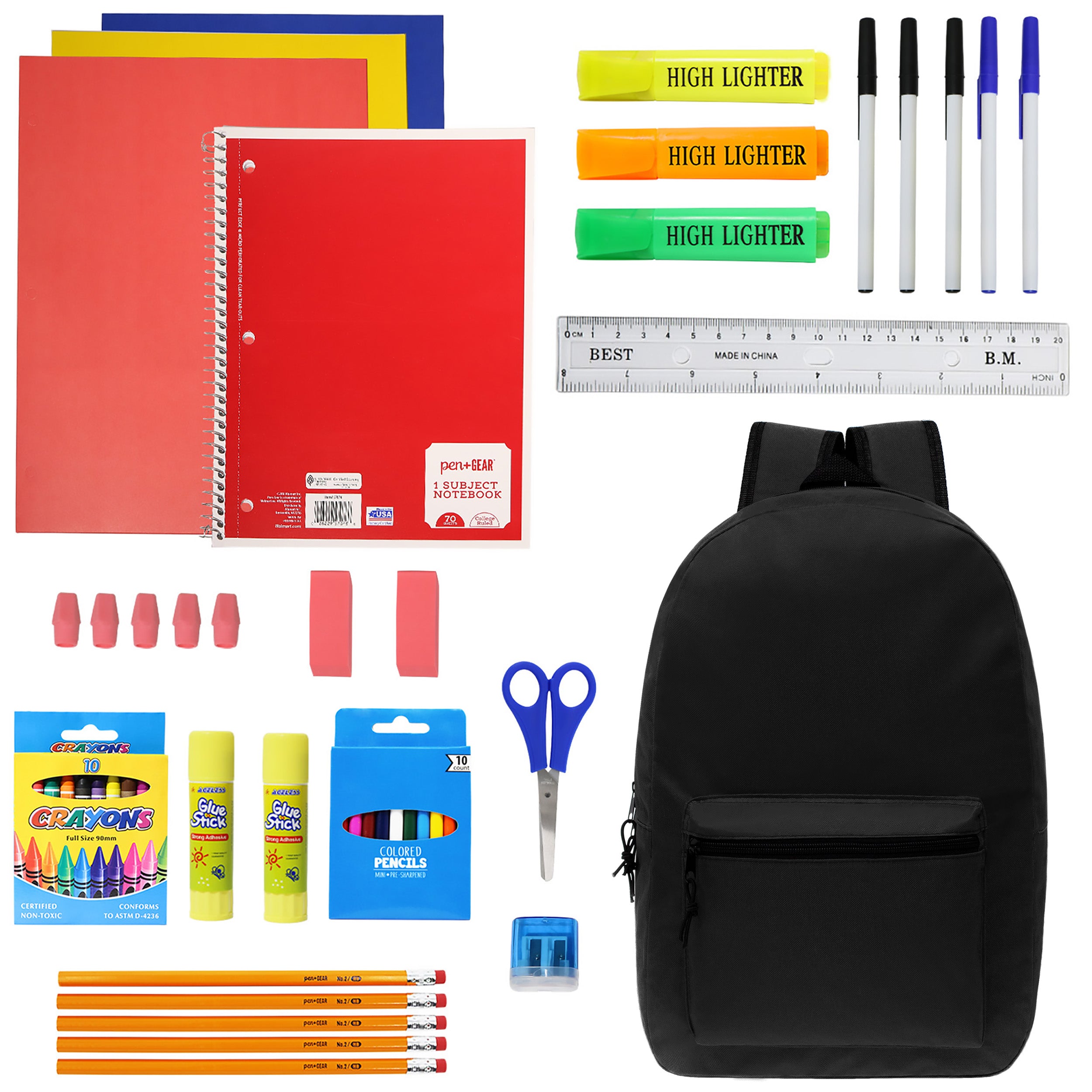 50 Piece Wholesale Basic School Supply Kit With 17" Backpack All Black - Bulk Case of 12 Backpacks and Kits