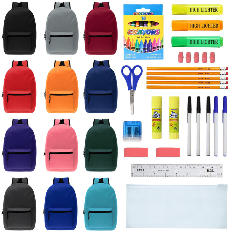 17 Inch Bulk Backpacks in 12 Assorted Colors with 36 Piece School Supply Kits - Case of 24 backpacks, 24 kits
