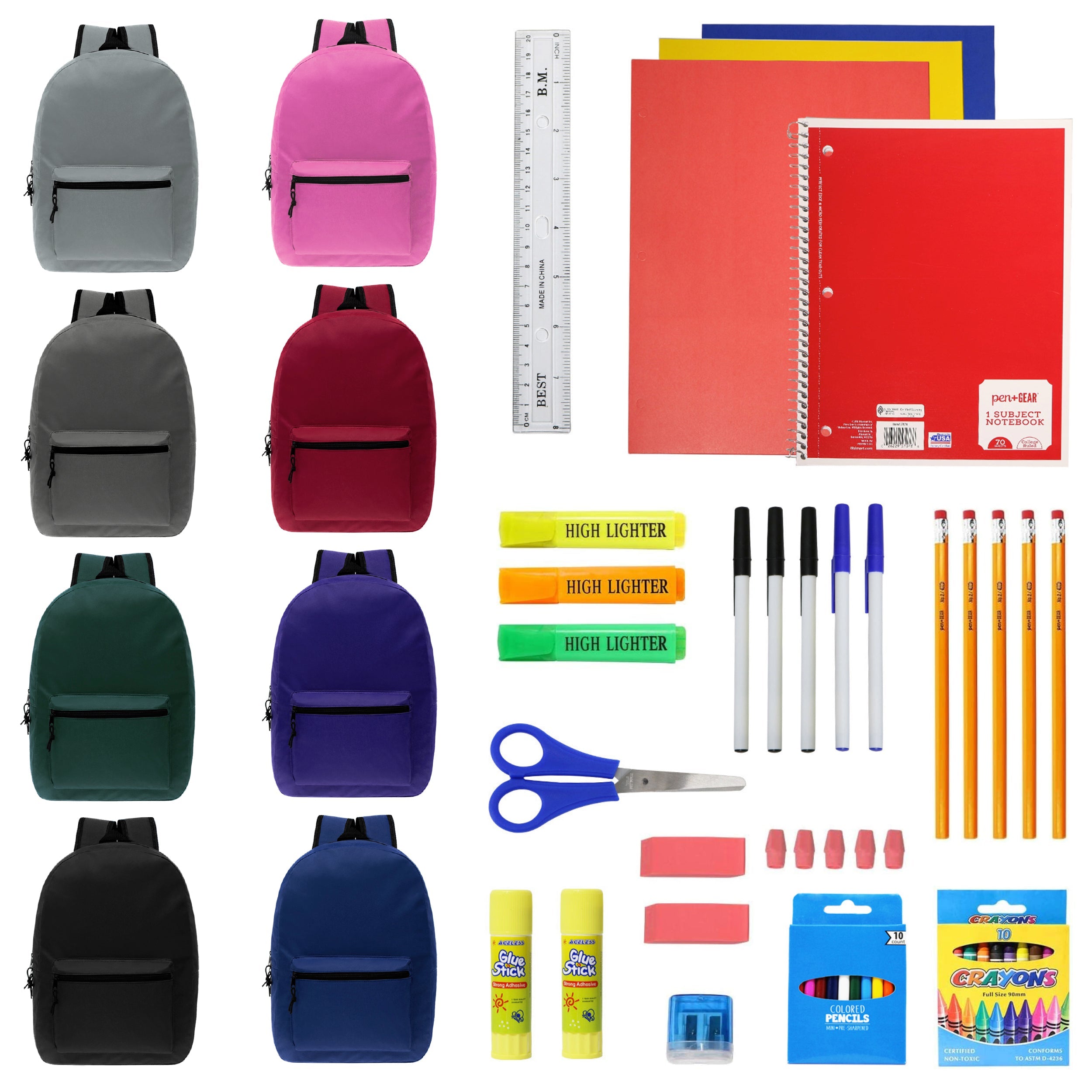 12 Wholesale Kids 15" Backpacks in 8 Assorted Colors and 12 Bulk School Supply Kits of Your Choice