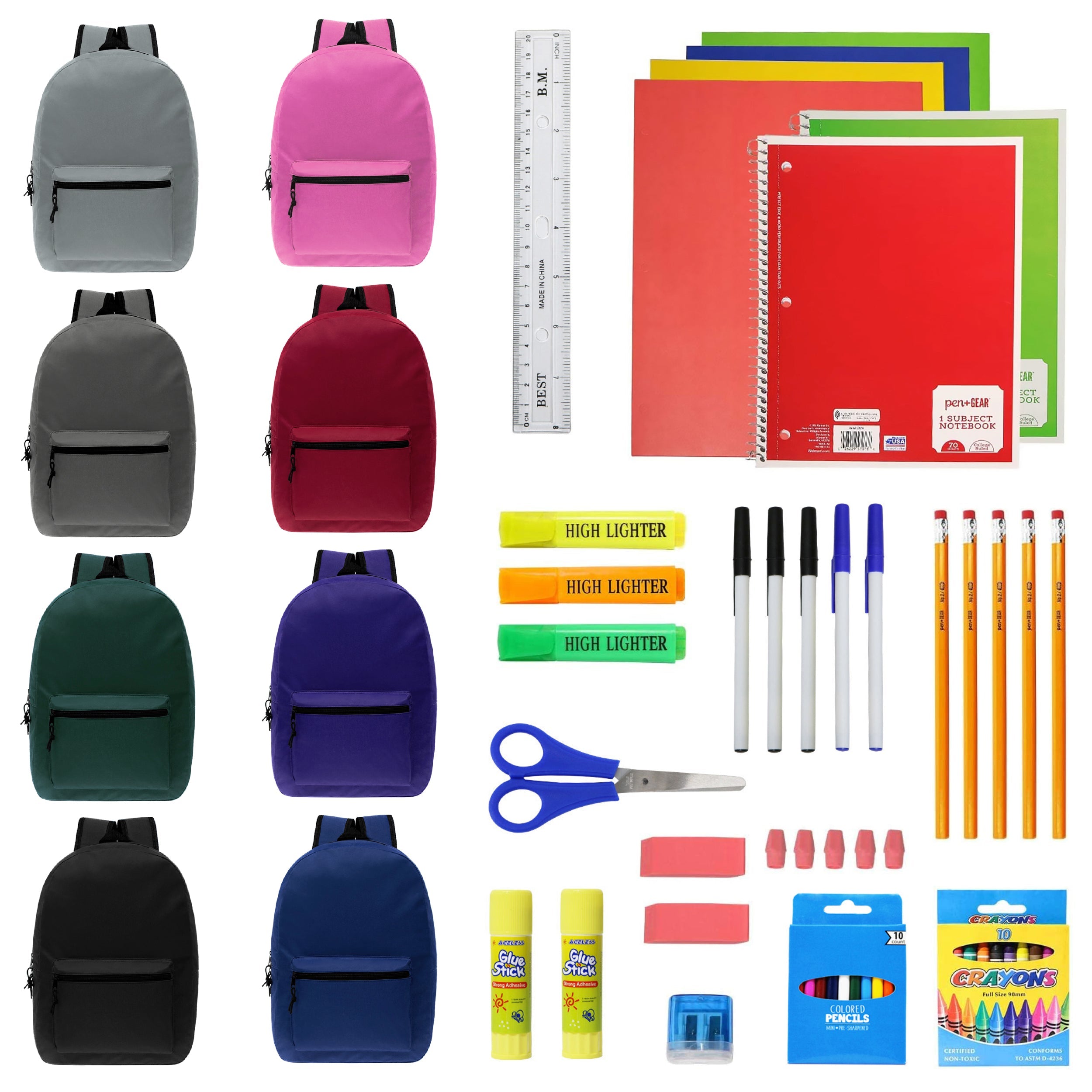 12 Wholesale Kids 15" Backpacks in 8 Assorted Colors and 12 Bulk School Supply Kits of Your Choice