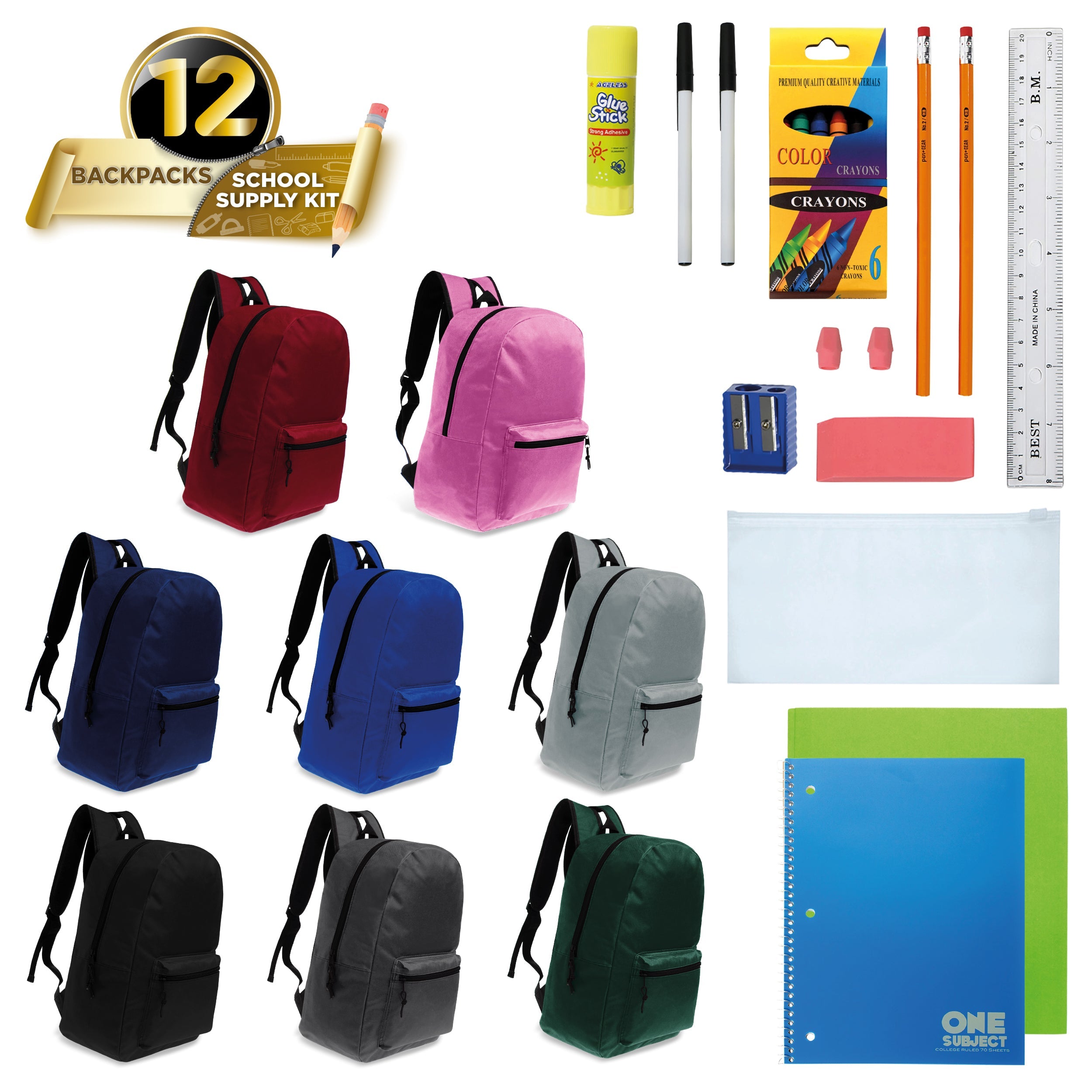 12 Wholesale Kids 15" Backpacks in 8 Assorted Colors and 12 Bulk School Supply Kits of Your Choice