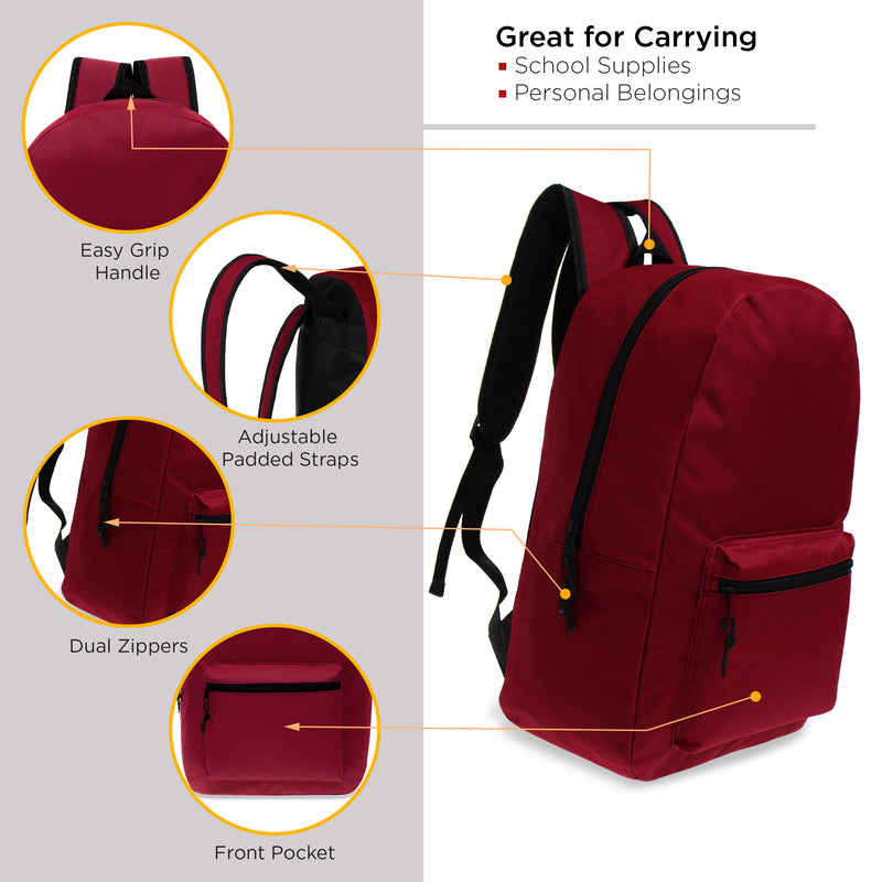 17 Inch Bulk Backpacks in Assorted Colors with 17 Piece School Supply Kits Wholesale - Case of 24 (12 Color Assortment)