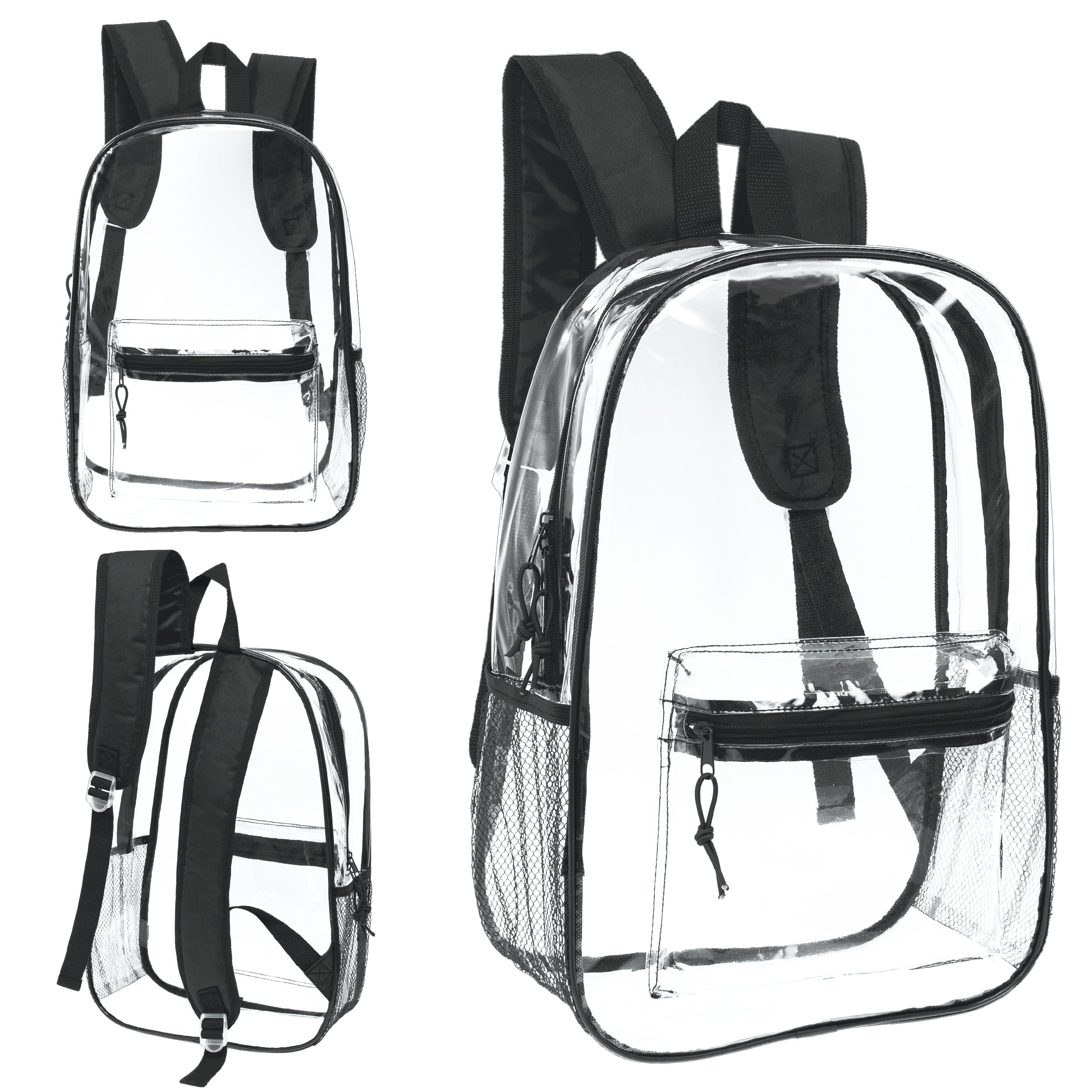 17" Clear Transparent Wholesale Backpack in Black With Side Pocket - Bulk Case of 24