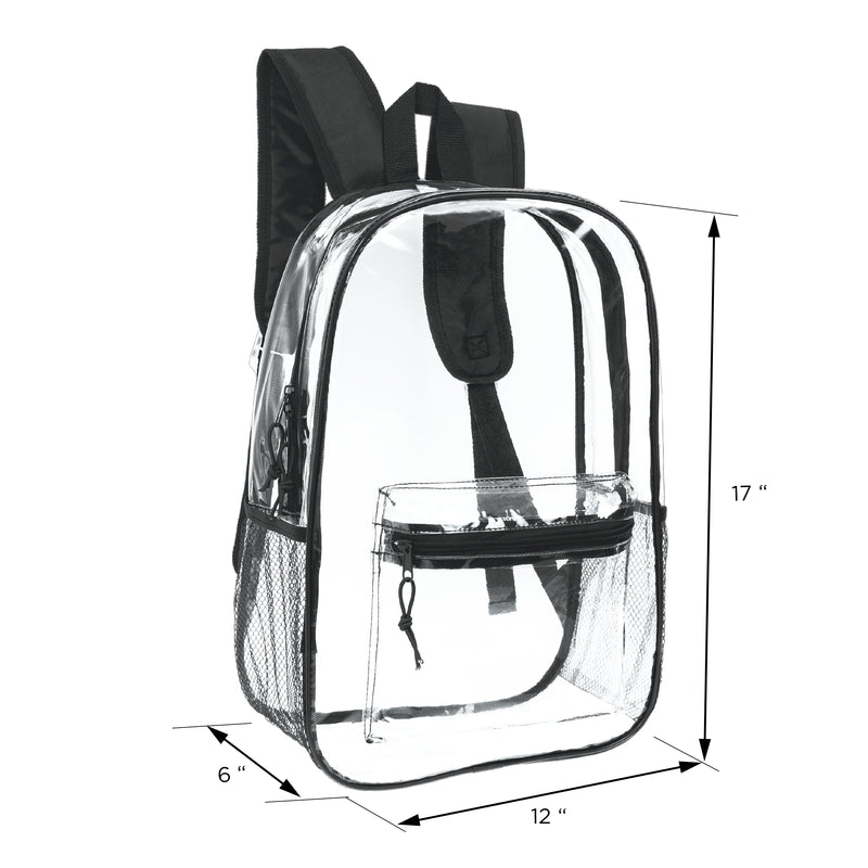 17" Clear Transparent Wholesale Backpack in Black With Side Pocket - Bulk Case of 24