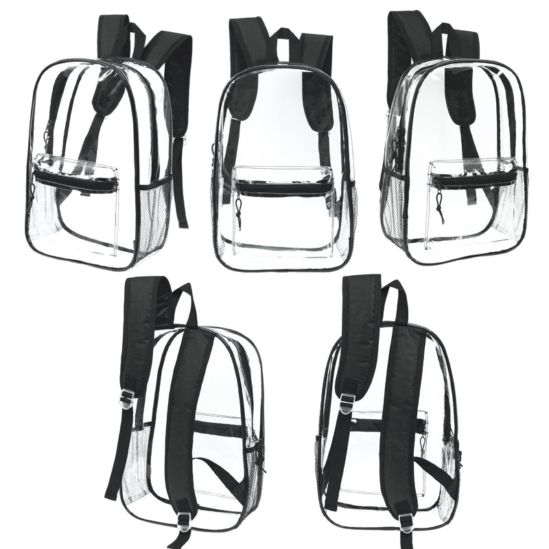 17" Clear Transparent Wholesale Backpack in Black With Side Pocket - Bulk Case of 24